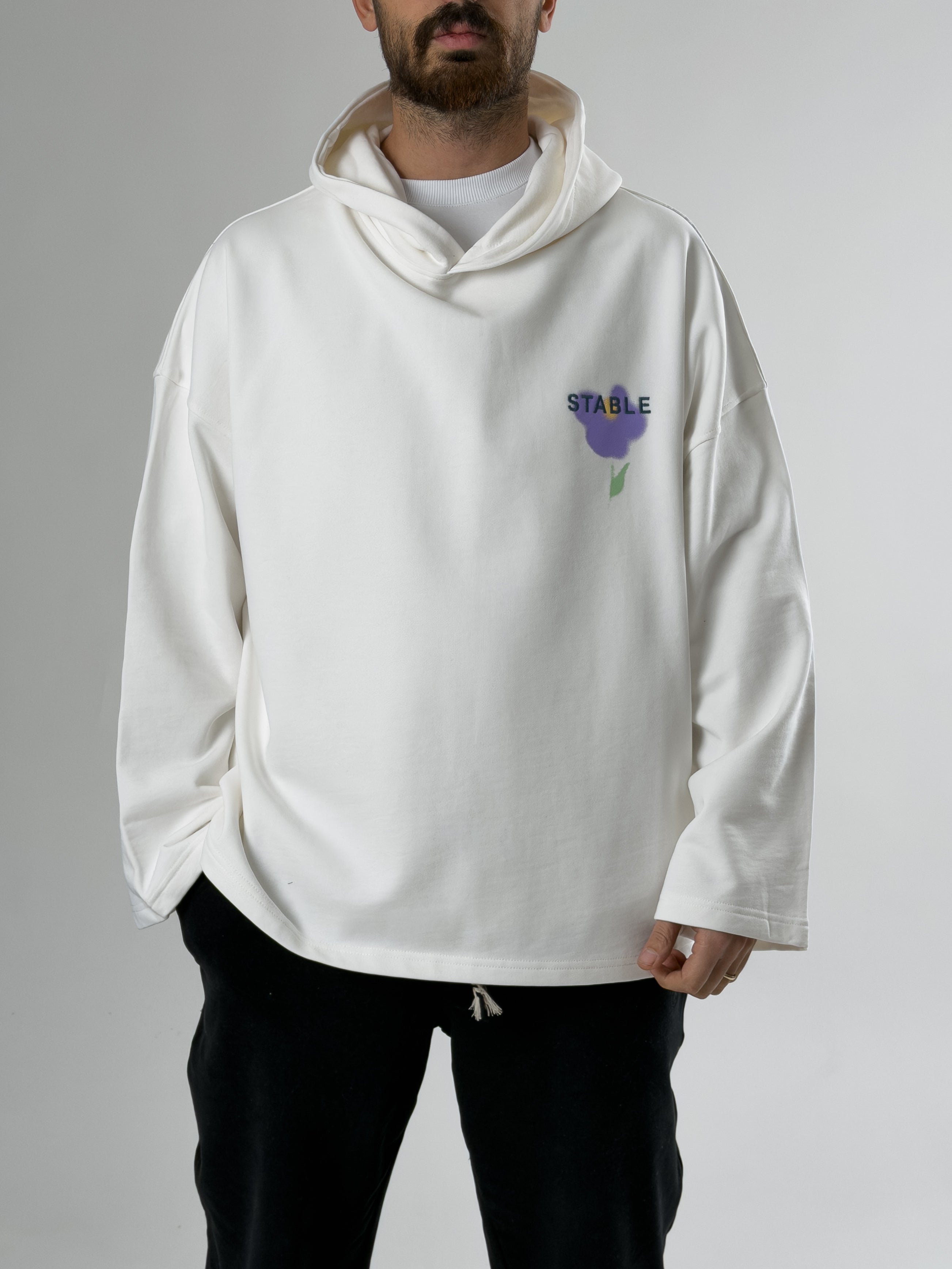 Stable Kapüşonlu Ekru Oversize Erkek Sweat COC2704
