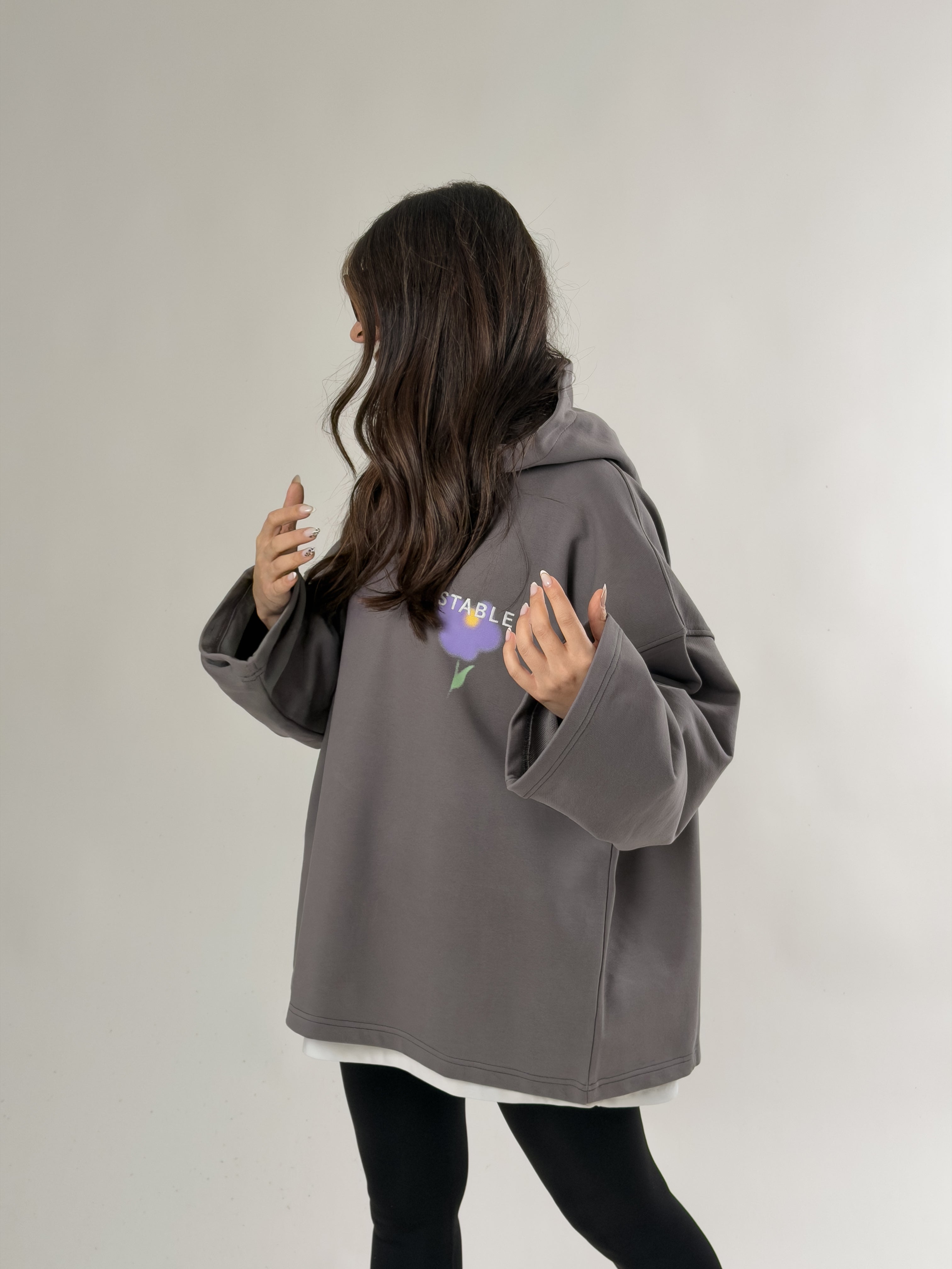 Stable Kapüşonlu Gri Oversize Kadın Sweat COC2691