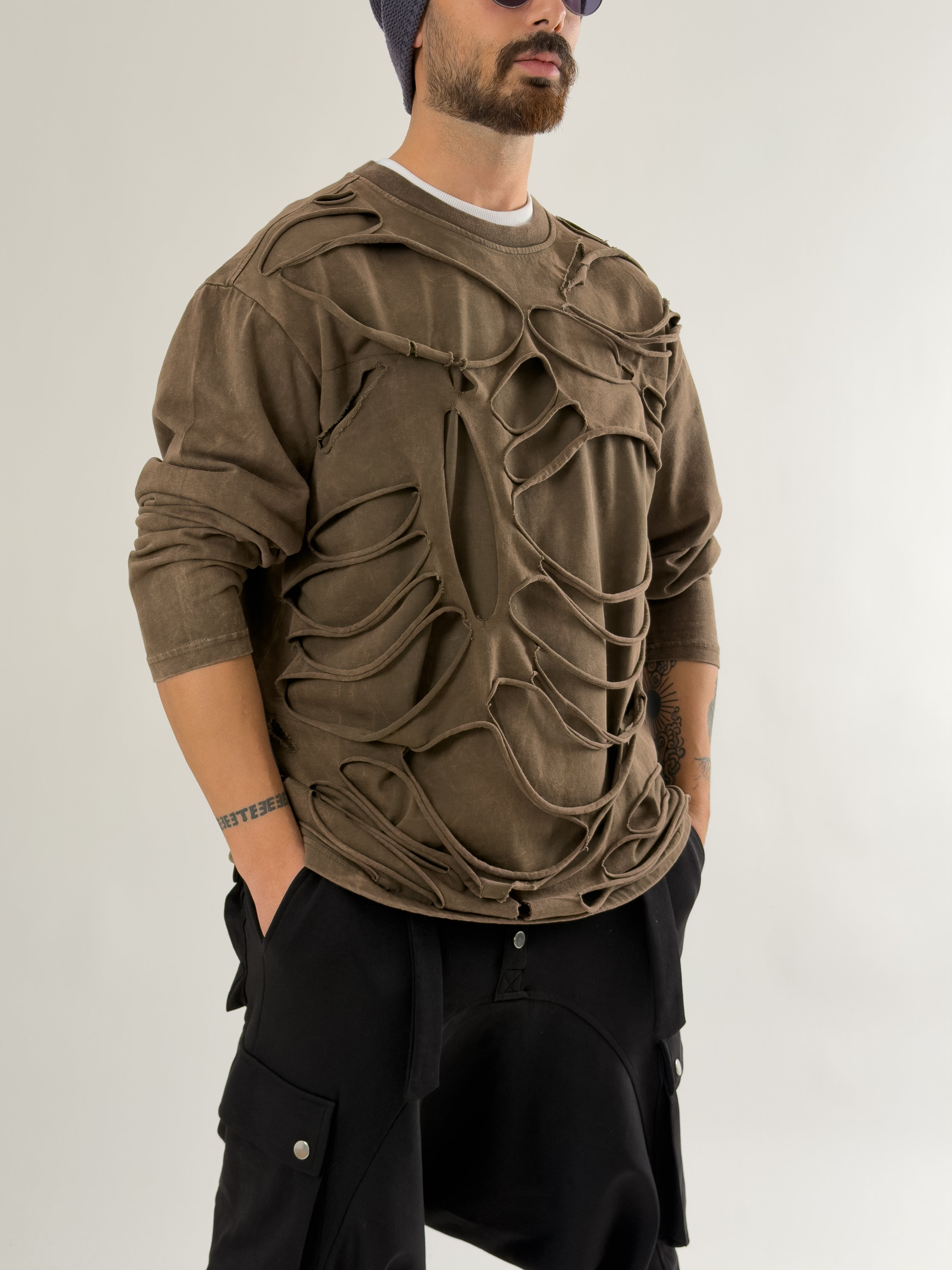 Street Yıkamalı Kahverengi Tasarım Erkek Sweatshirt COC2648