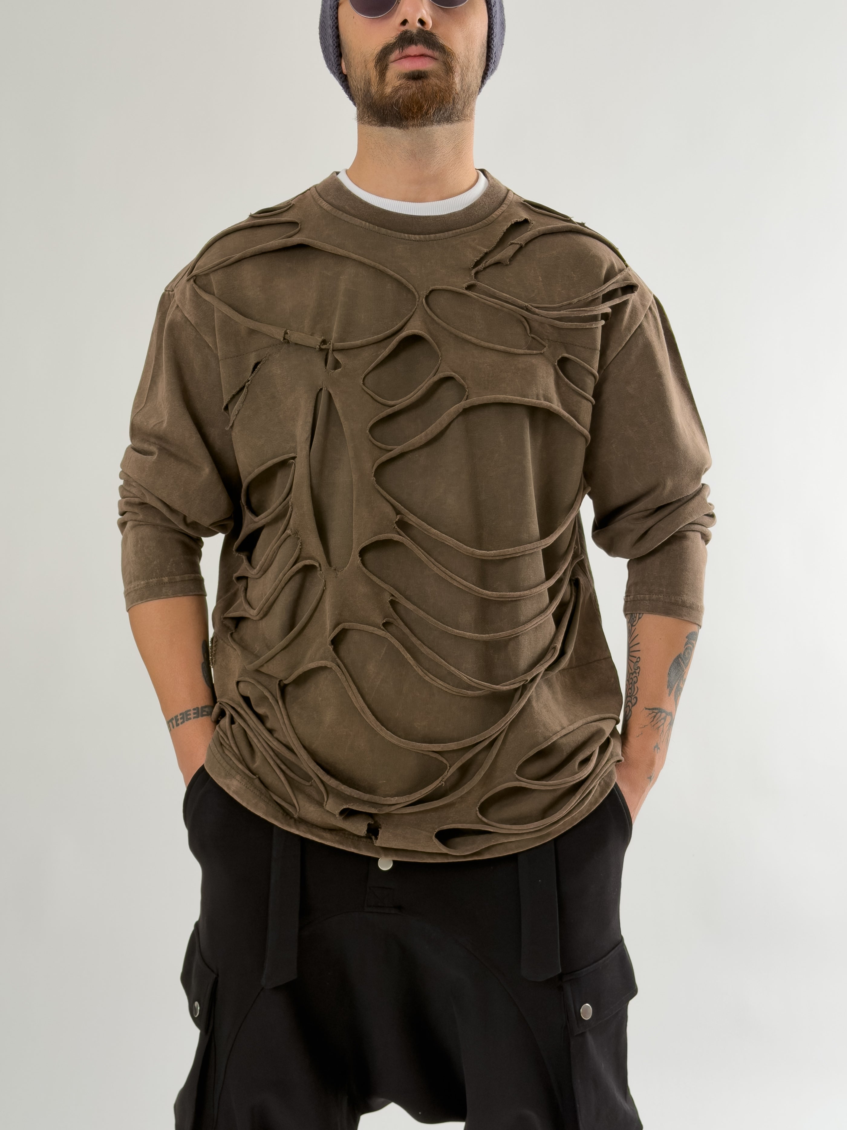 Street Yıkamalı Kahverengi Tasarım Erkek Sweatshirt COC2648