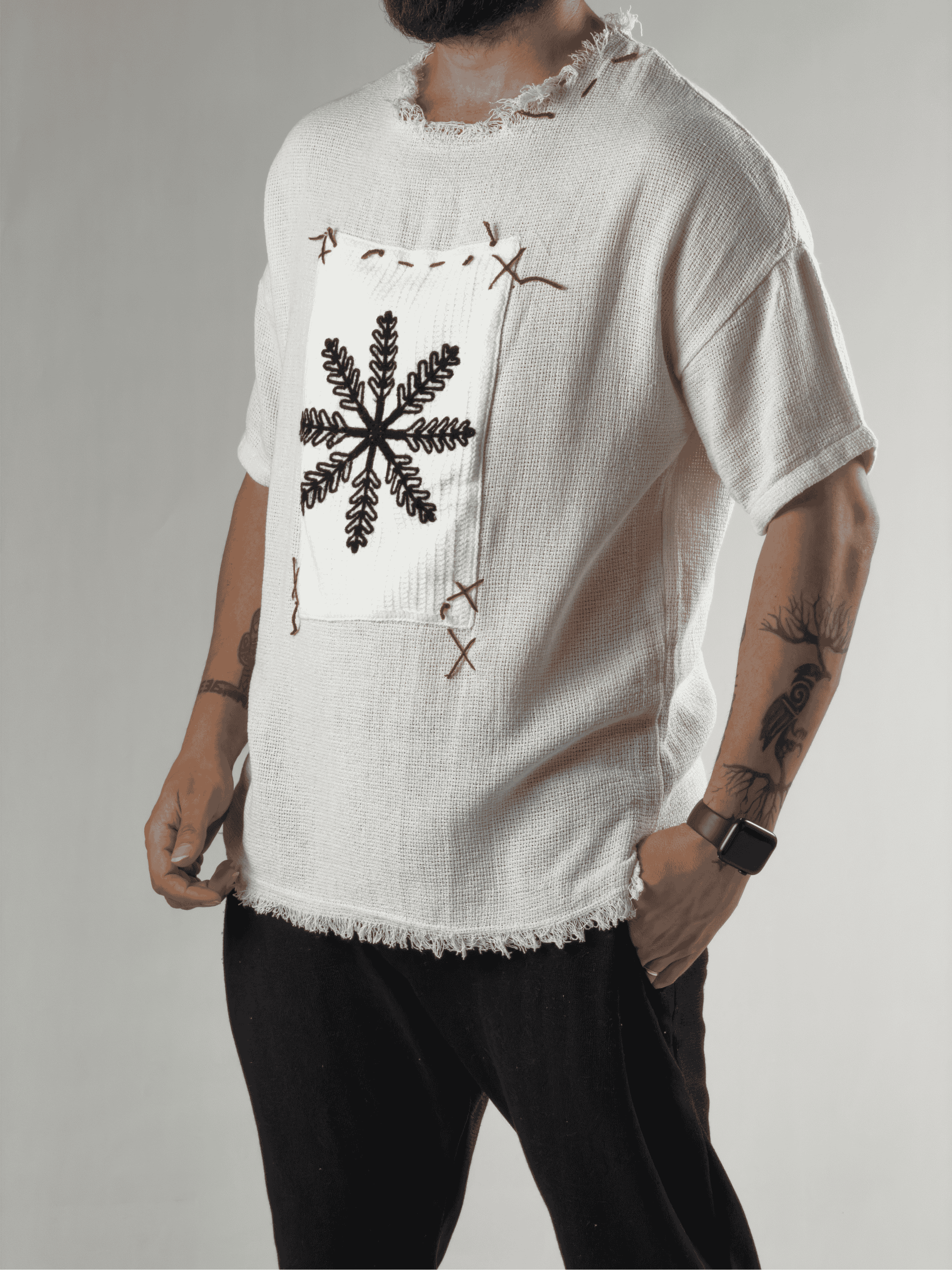 Tasarım Çiçek Desenli Erkek Beyaz T-Shirt COC3200