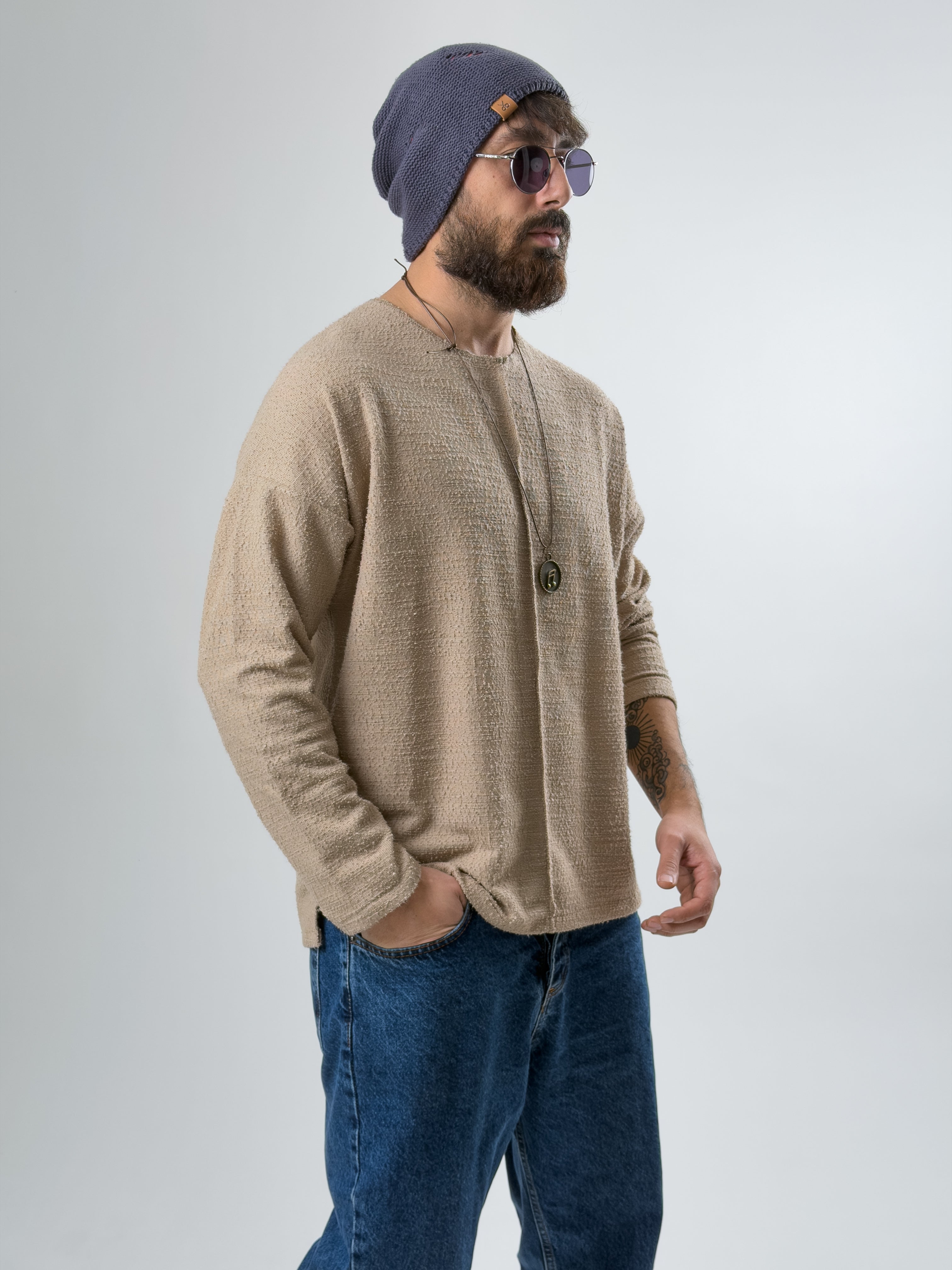 Tasarım Çima Detaylı Erkek Bej Sweat COC2630