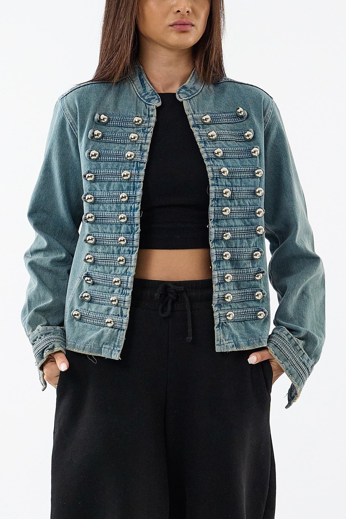 Tasarım Denim Düğmeli Mavi Kadın Ceket COC3633