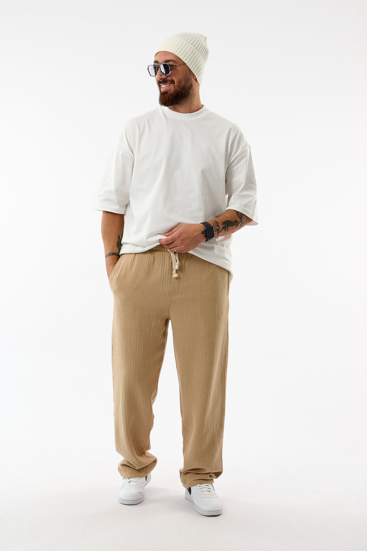 Tasarım Fitilli Kumaş Bej Baggy Erkek Pantolon COC3761