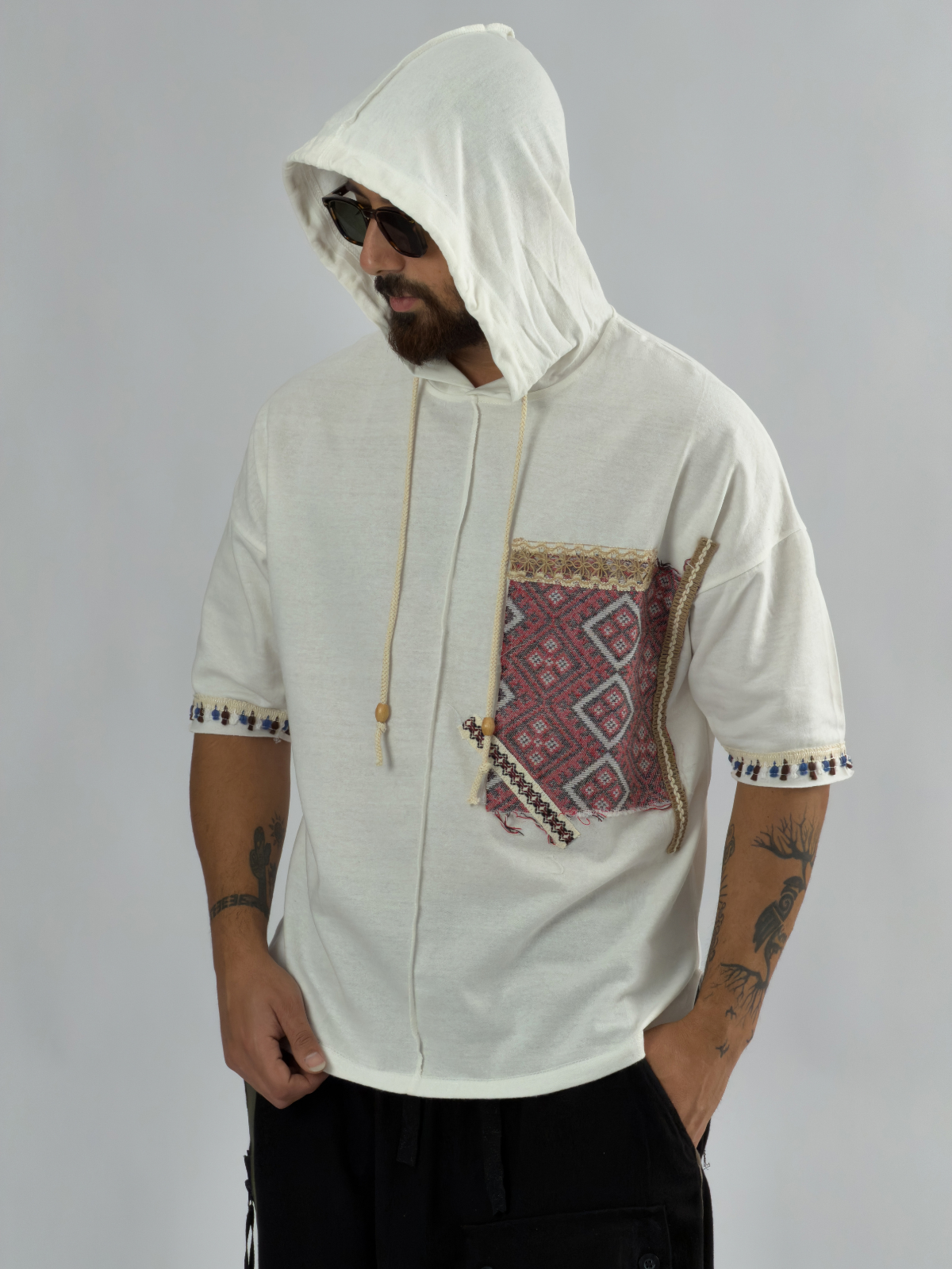 Tasarım Kapüşonlu Ekru Erkek Sweatshirt COC3450