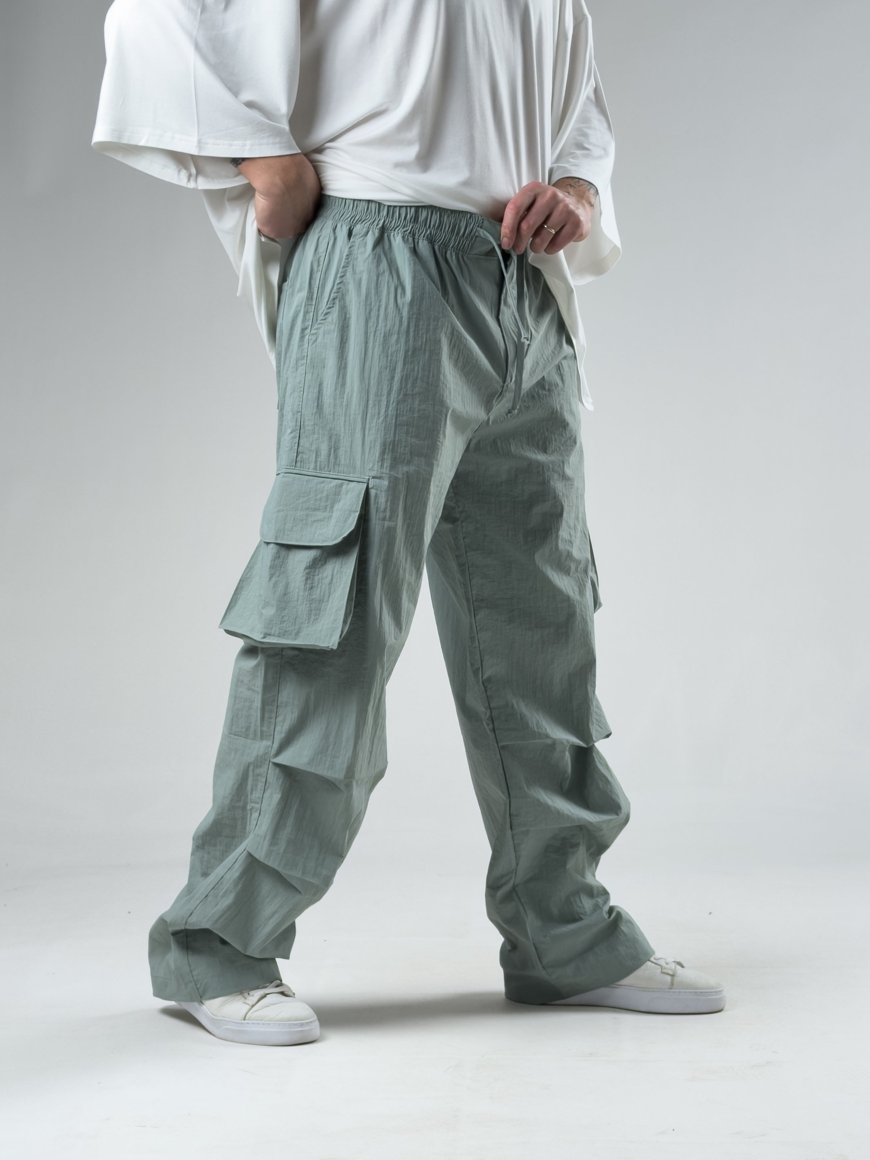 Tasarım Kargo Cepli Paraşüt Kumaş Mint Yeşili Baggy Pantolon COC3078