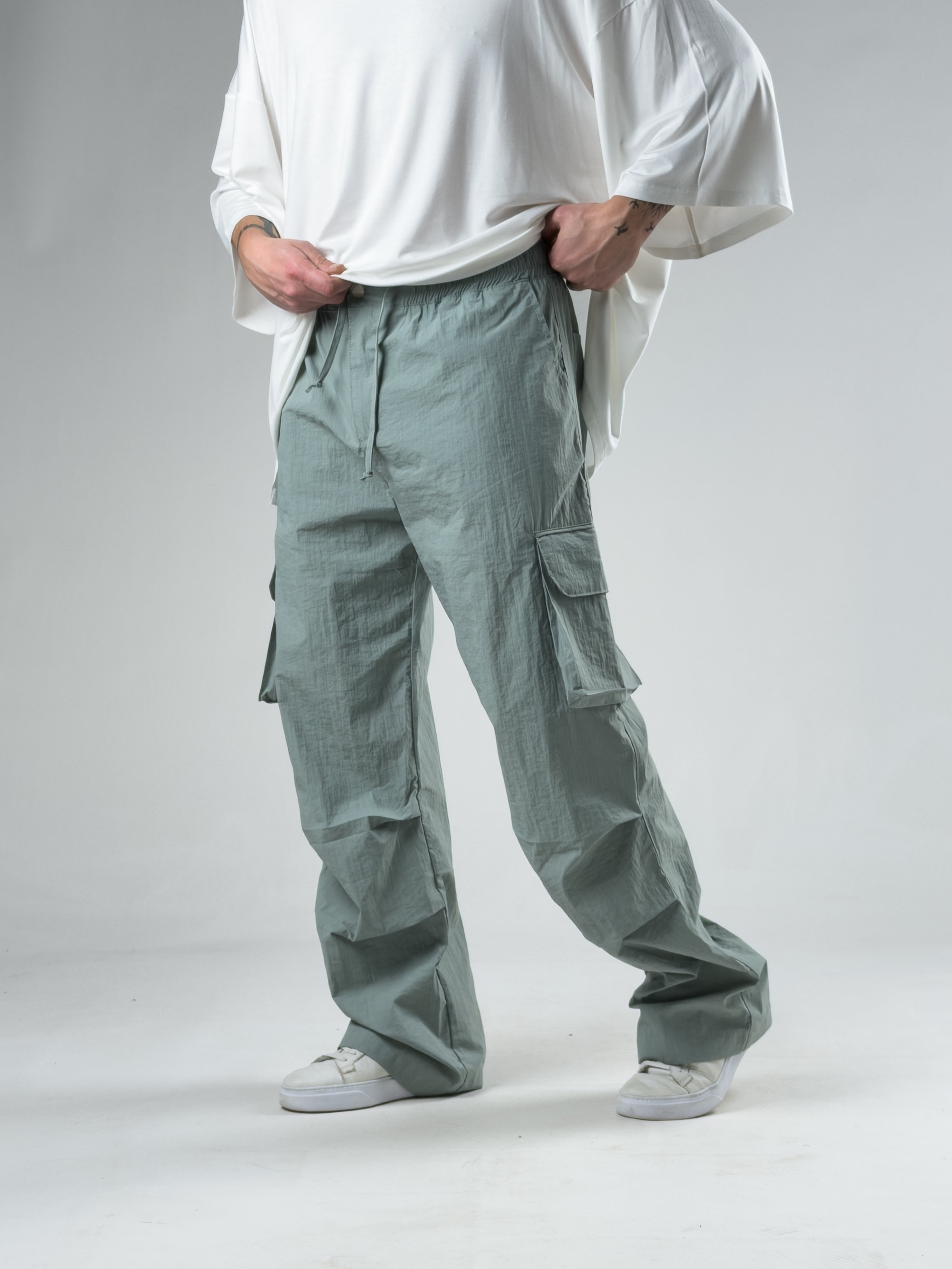 Tasarım Kargo Cepli Paraşüt Kumaş Mint Yeşili Baggy Pantolon COC3078