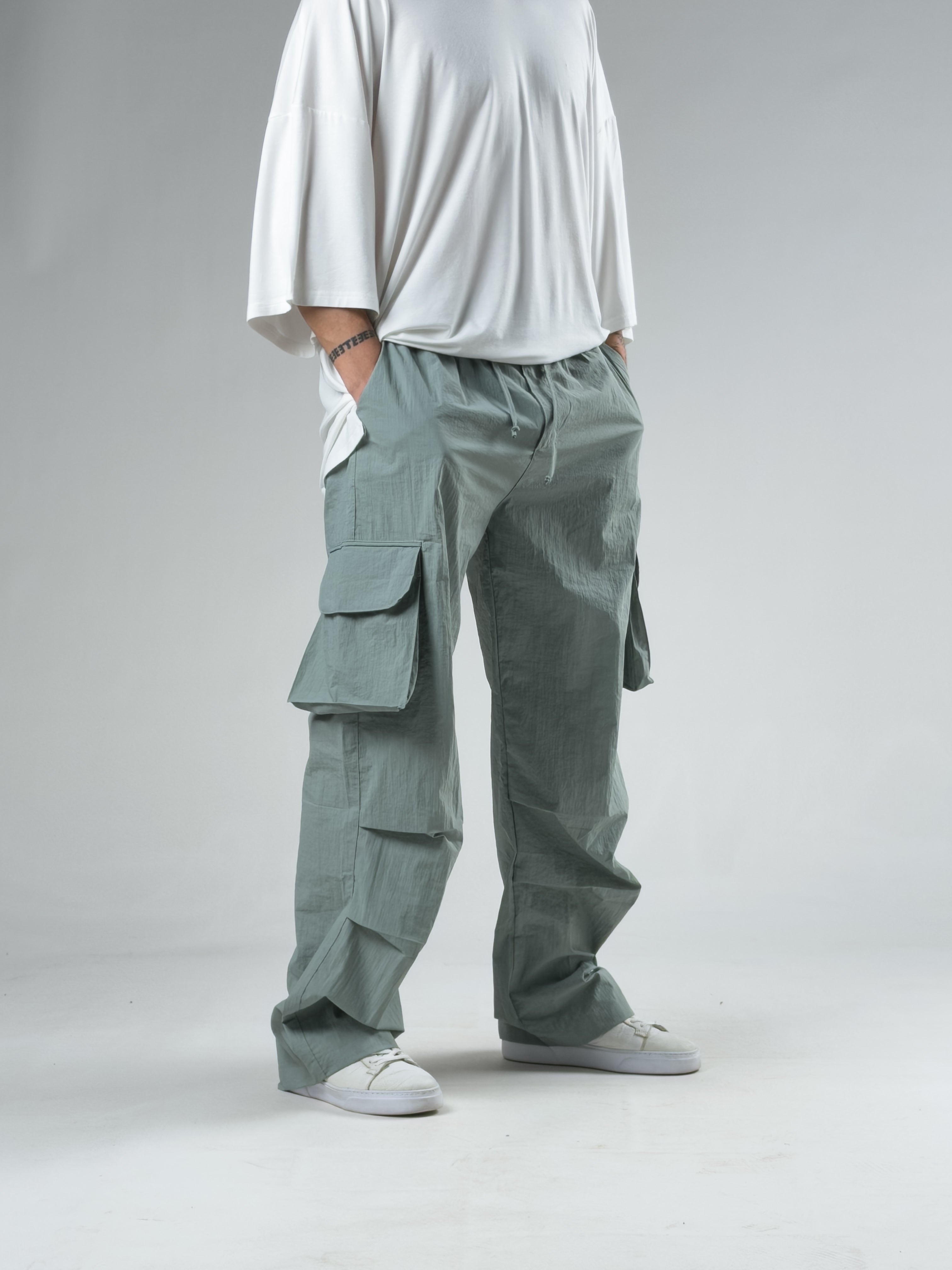 Tasarım Kargo Cepli Paraşüt Kumaş Mint Yeşili Baggy Pantolon COC3078