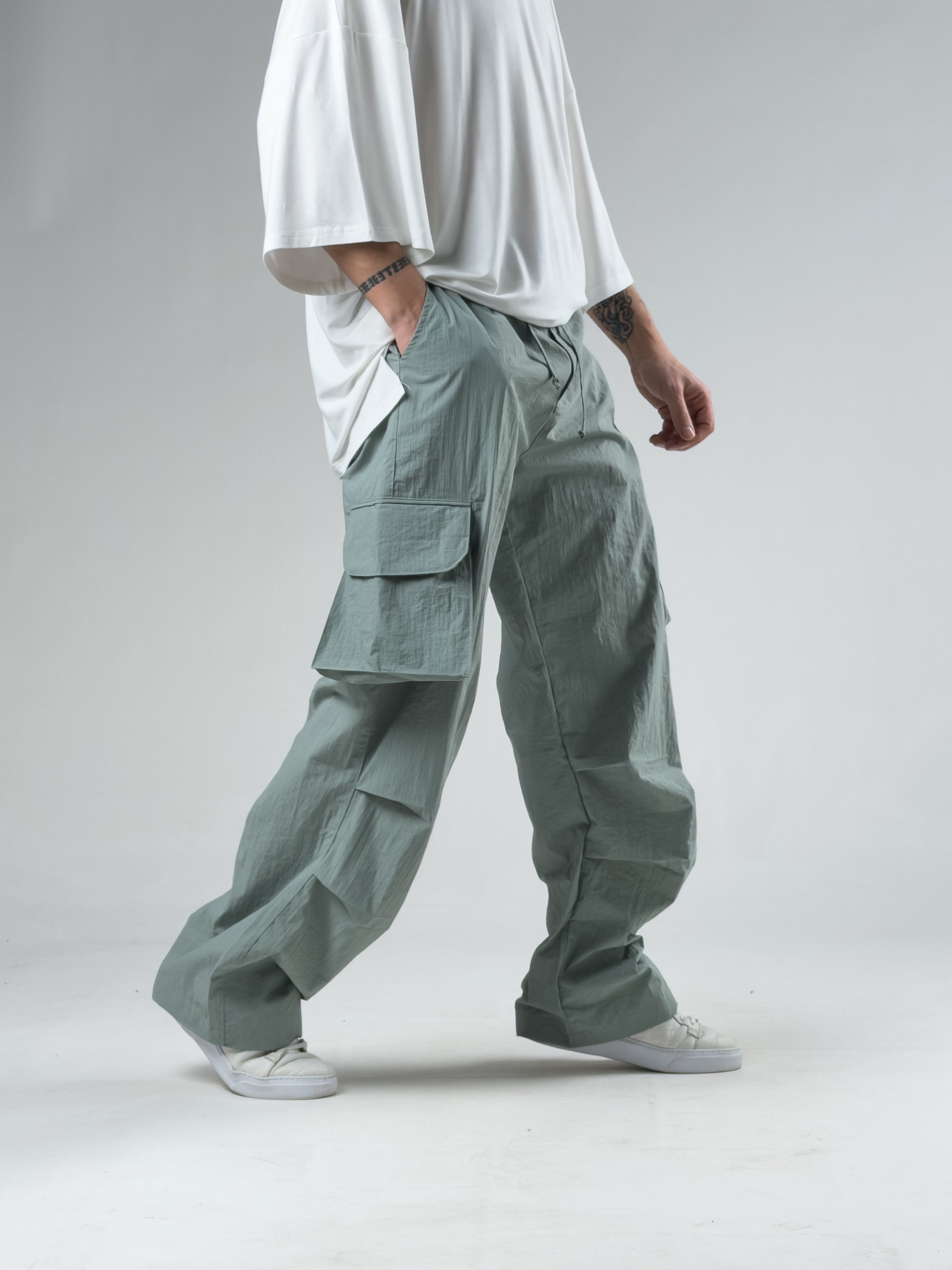 Tasarım Kargo Cepli Paraşüt Kumaş Mint Yeşili Baggy Pantolon COC3078