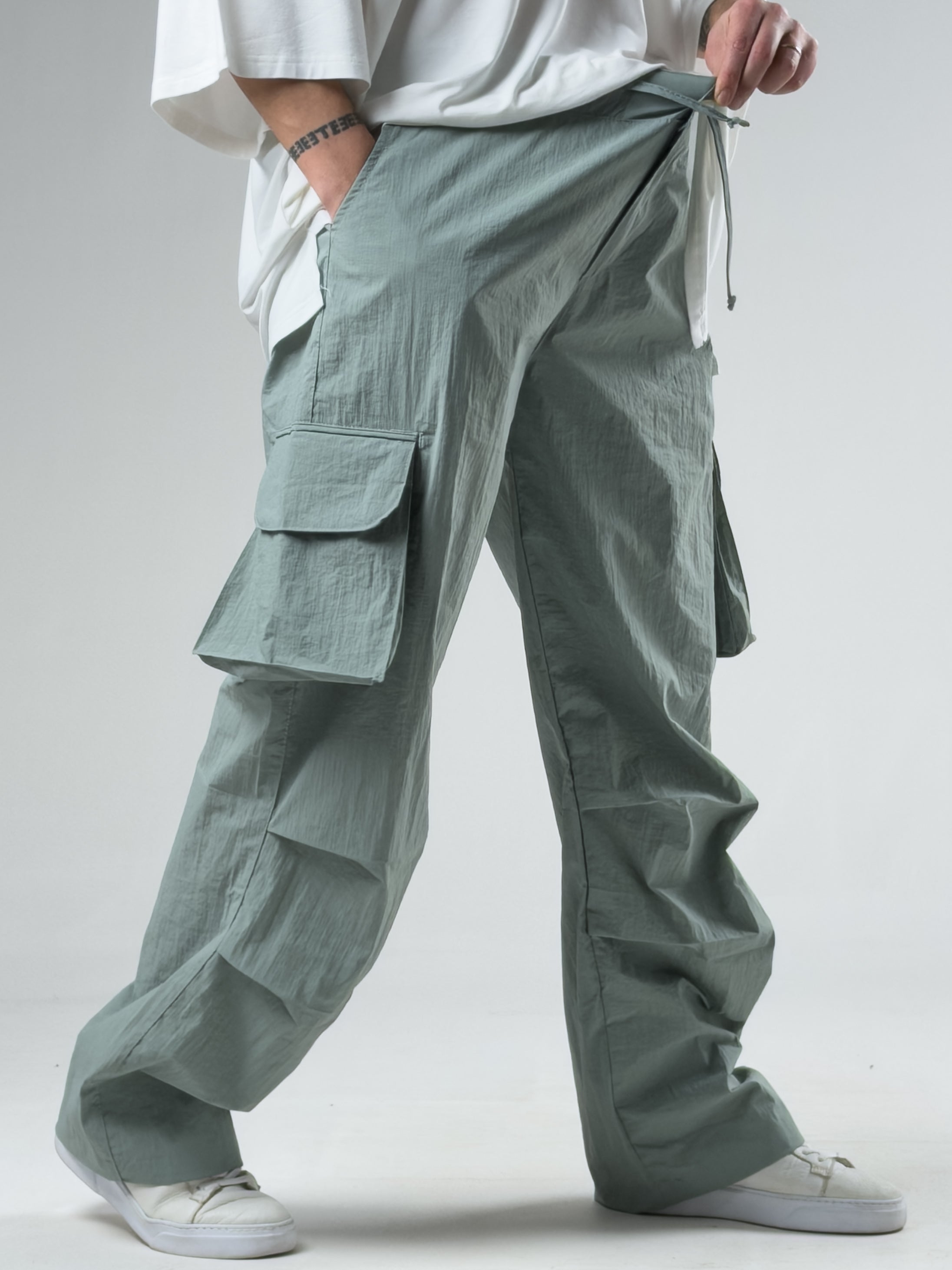 Tasarım Kargo Cepli Paraşüt Kumaş Mint Yeşili Baggy Pantolon COC3078