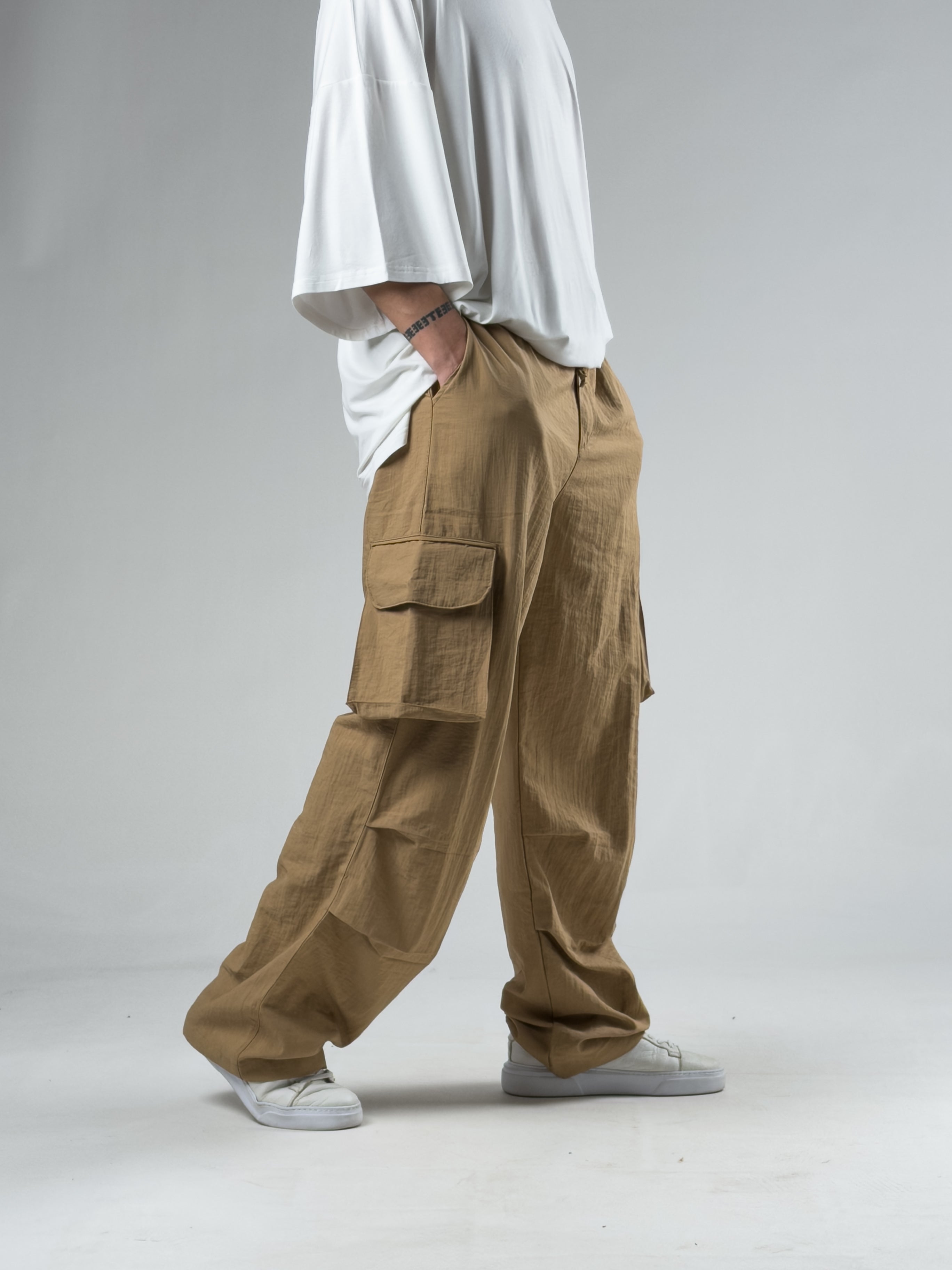 Tasarım Kargo Cepli Paraşüt Kumaş Taba Baggy Pantolon COC3080