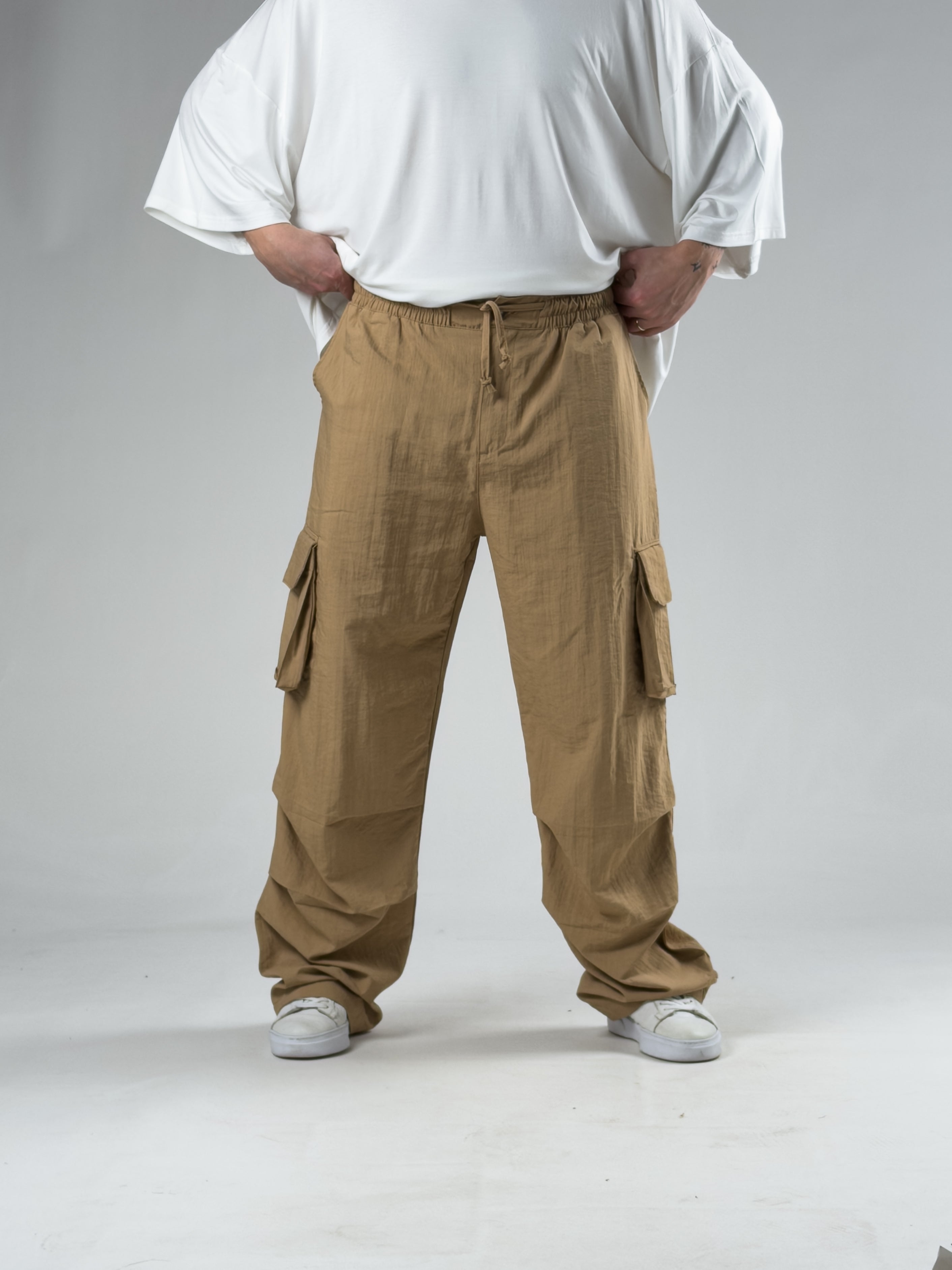 Tasarım Kargo Cepli Paraşüt Kumaş Taba Baggy Pantolon COC3080