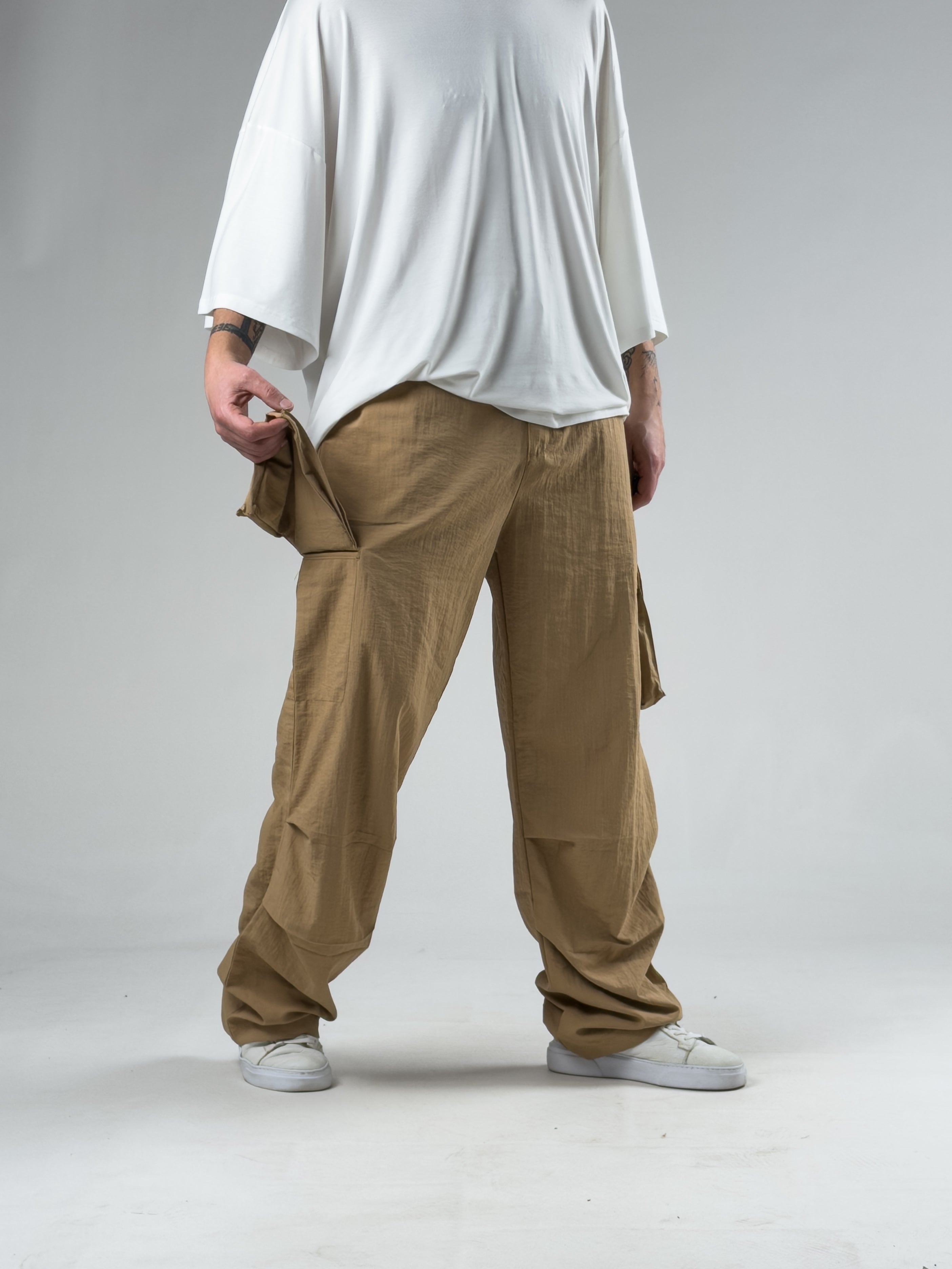 Tasarım Kargo Cepli Paraşüt Kumaş Taba Baggy Pantolon COC3080
