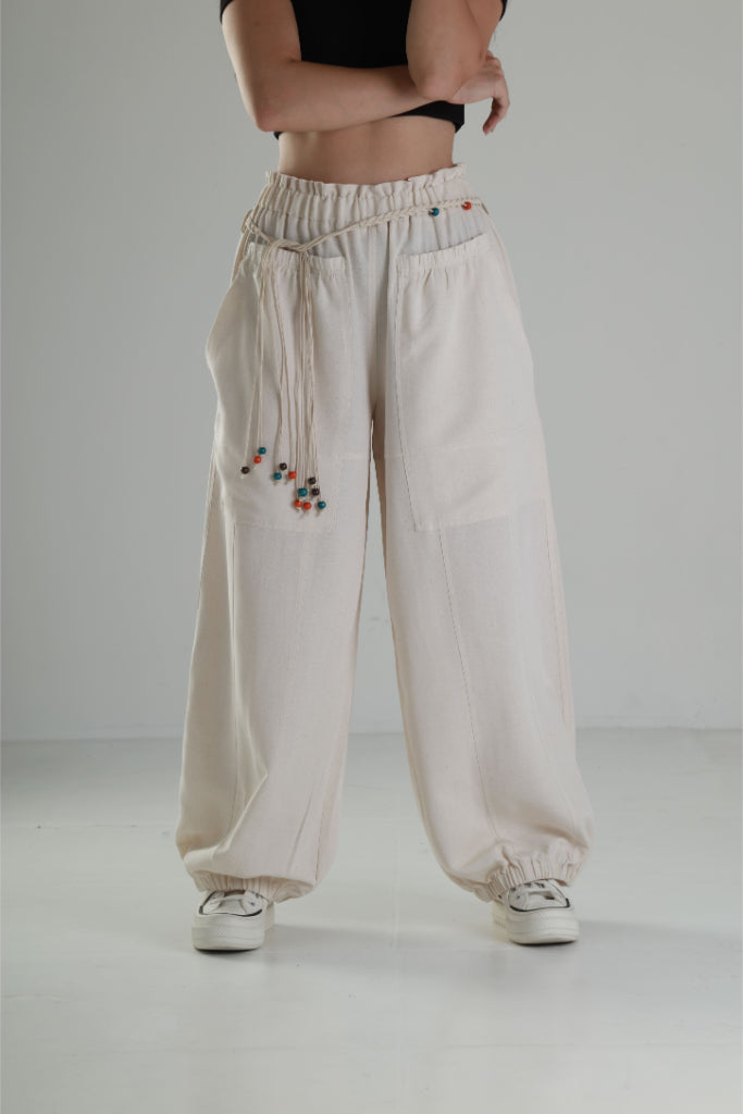 Tasarım Keten Bej Baggy Pantolon COC1291