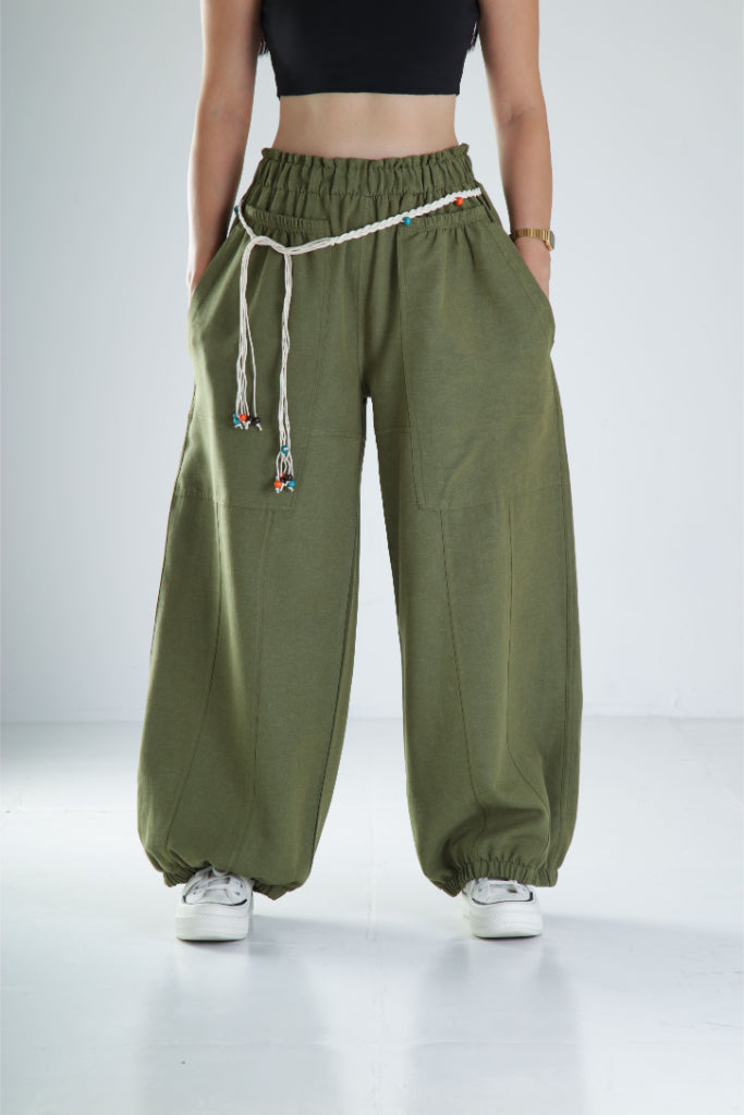 Tasarım Keten Haki Baggy Pantolon COC1106