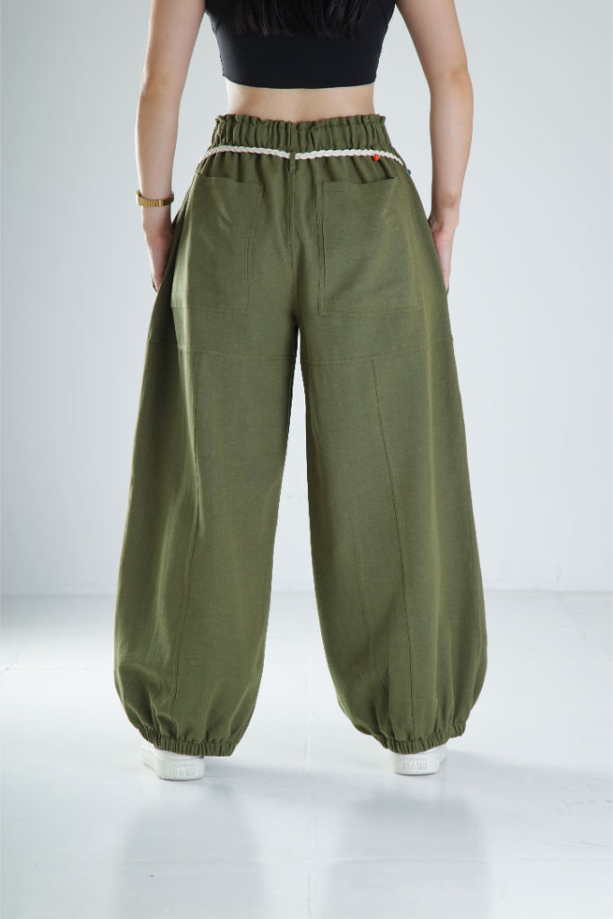 Tasarım Keten Haki Baggy Pantolon COC1106