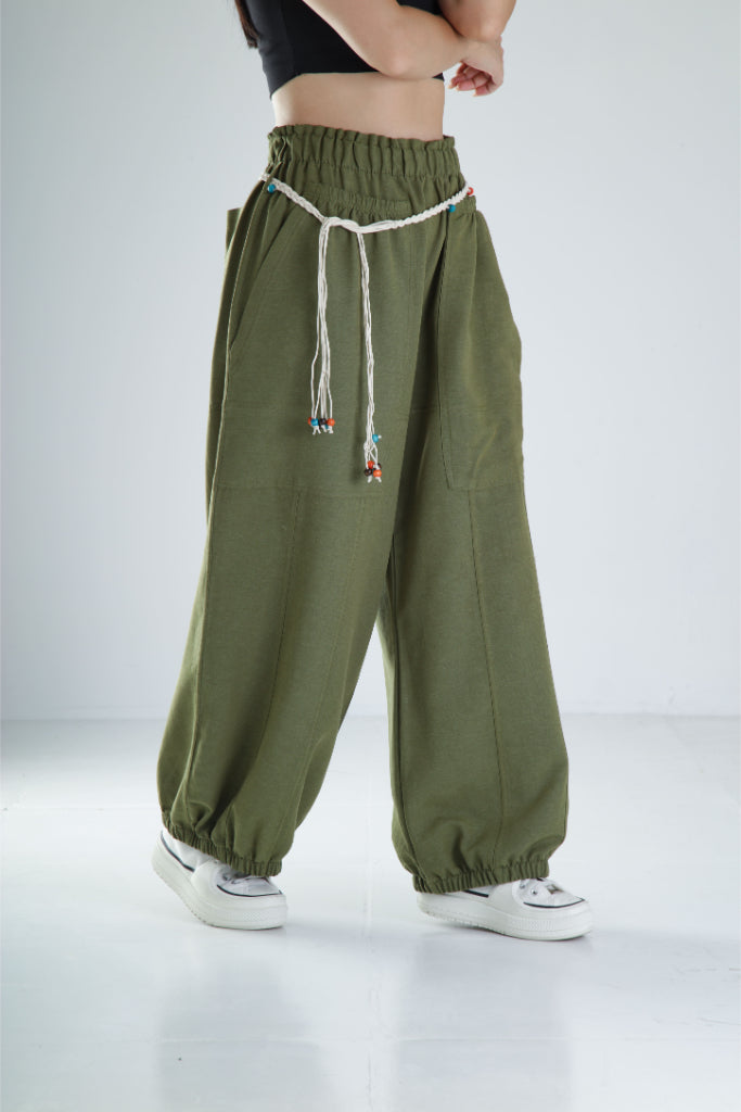Tasarım Keten Haki Baggy Pantolon COC1106