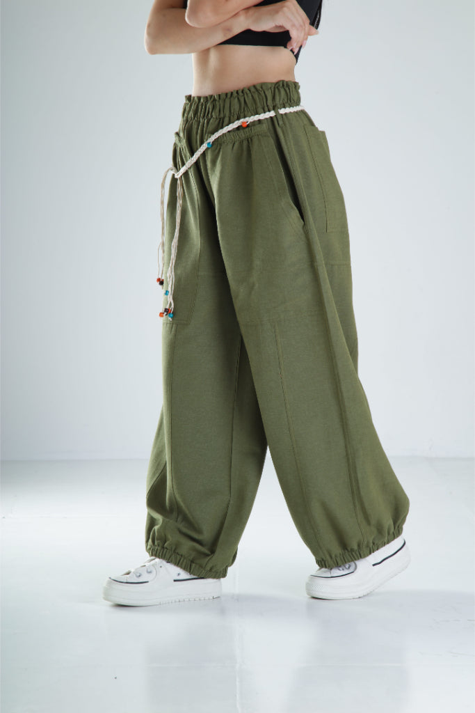 Tasarım Keten Haki Baggy Pantolon COC1106
