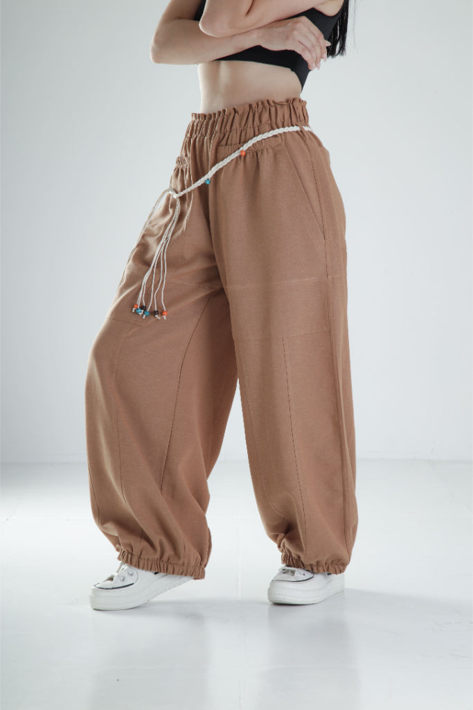 Tasarım Keten Kahverengi Baggy Pantolon COC1108