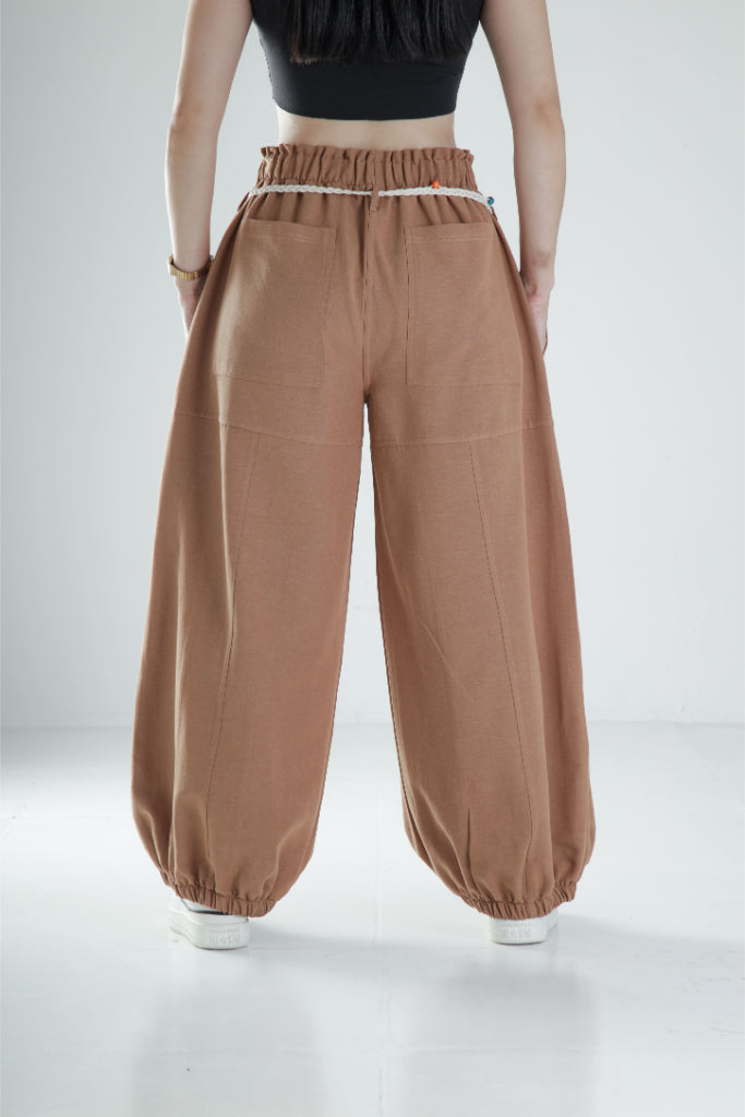 Tasarım Keten Kahverengi Baggy Pantolon COC1108