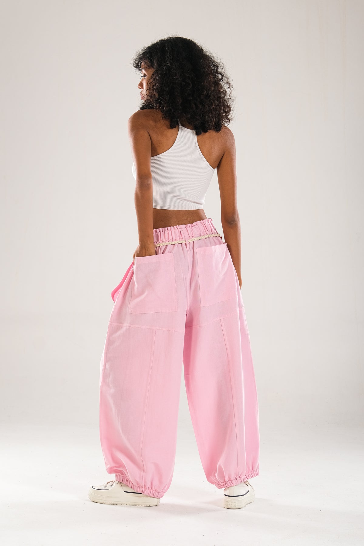 Tasarım Keten Pembe Baggy Pantolon COC1107