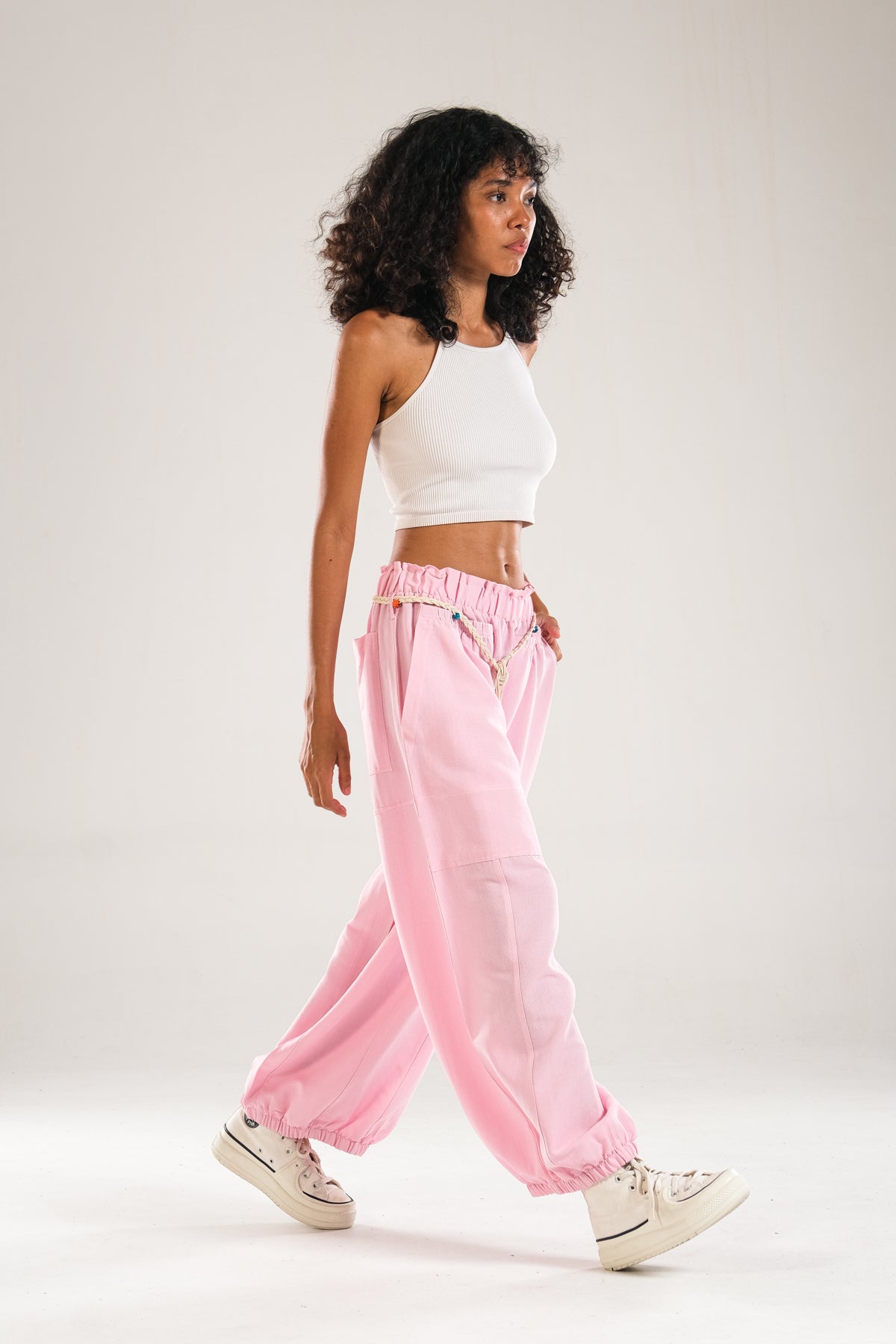 Tasarım Keten Pembe Baggy Pantolon COC1107