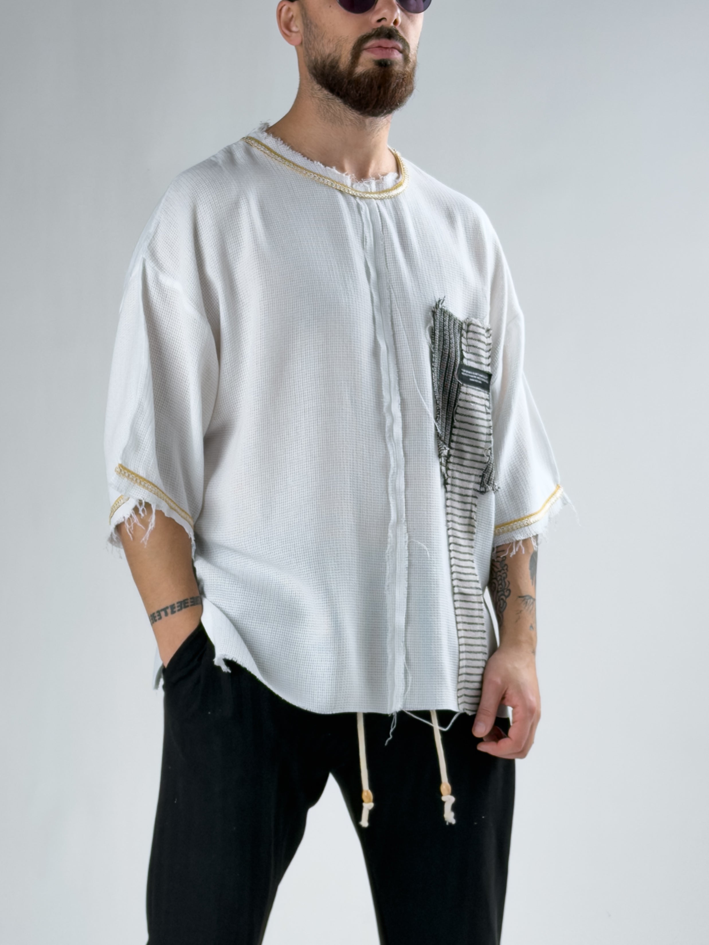 Tasarım Şeritli Beyaz Oversize Erkek T-Shirt COC2896