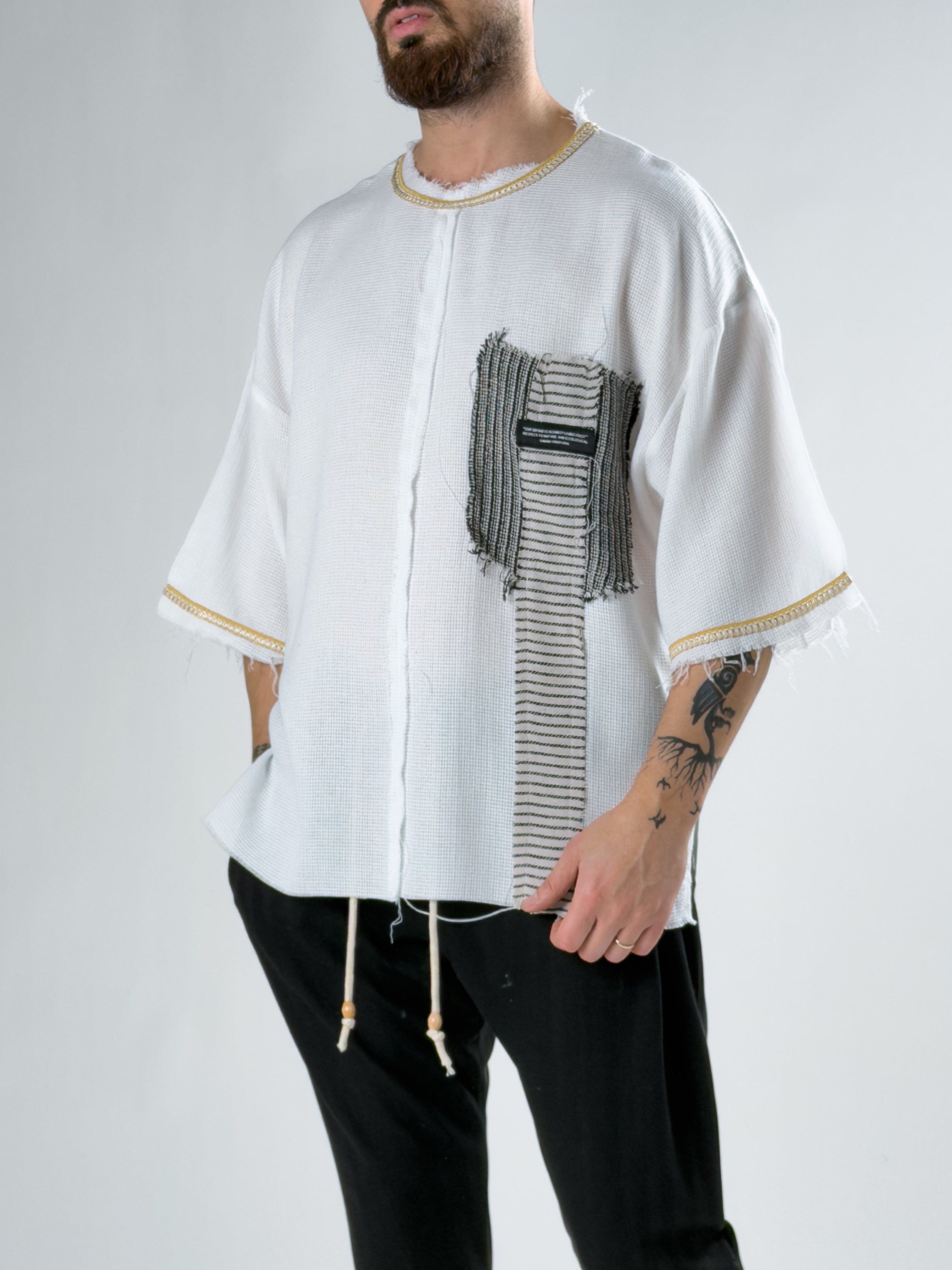 Tasarım Şeritli Beyaz Oversize Erkek T-Shirt COC2896