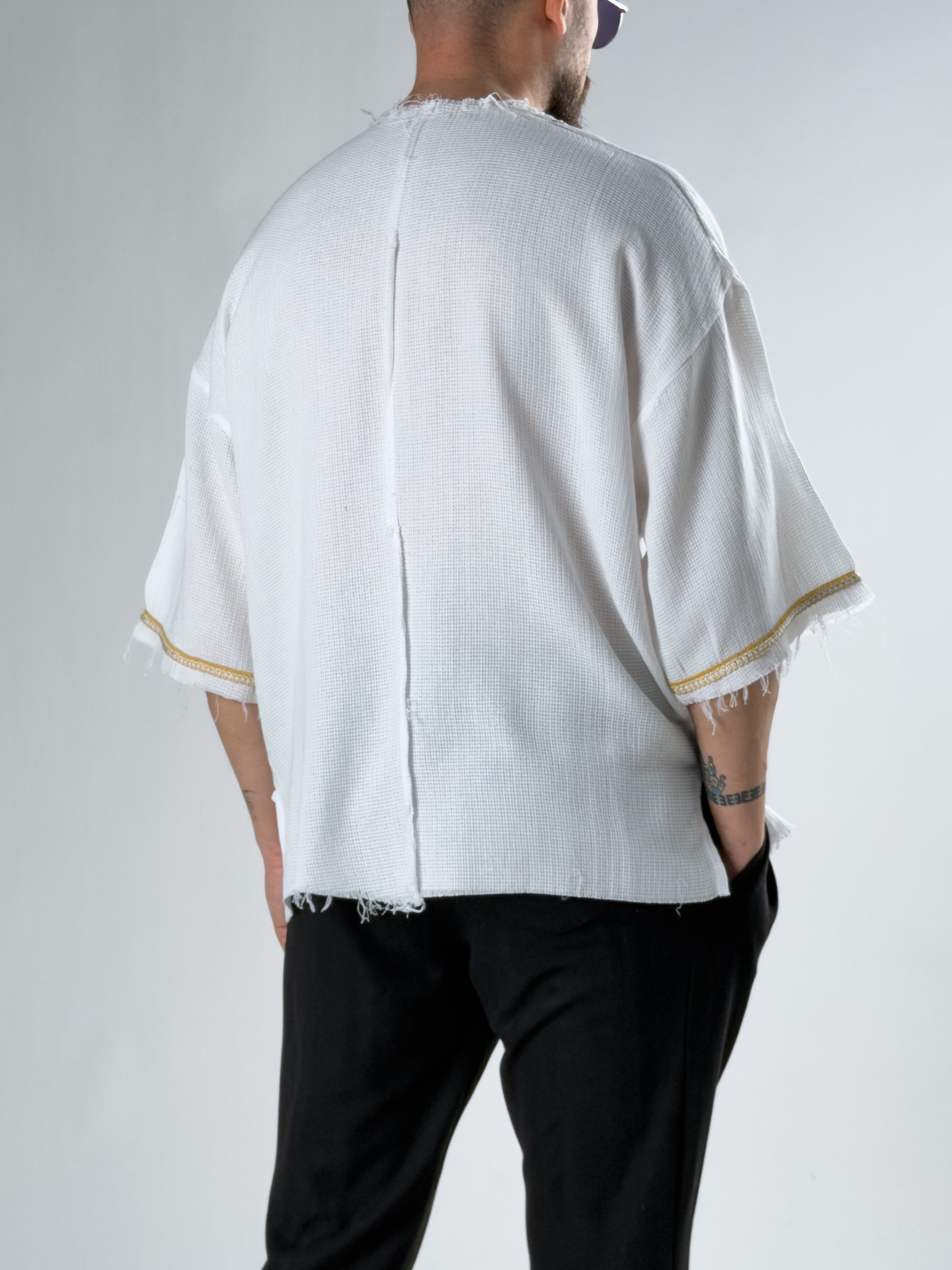 Tasarım Şeritli Beyaz Oversize Erkek T-Shirt COC2896