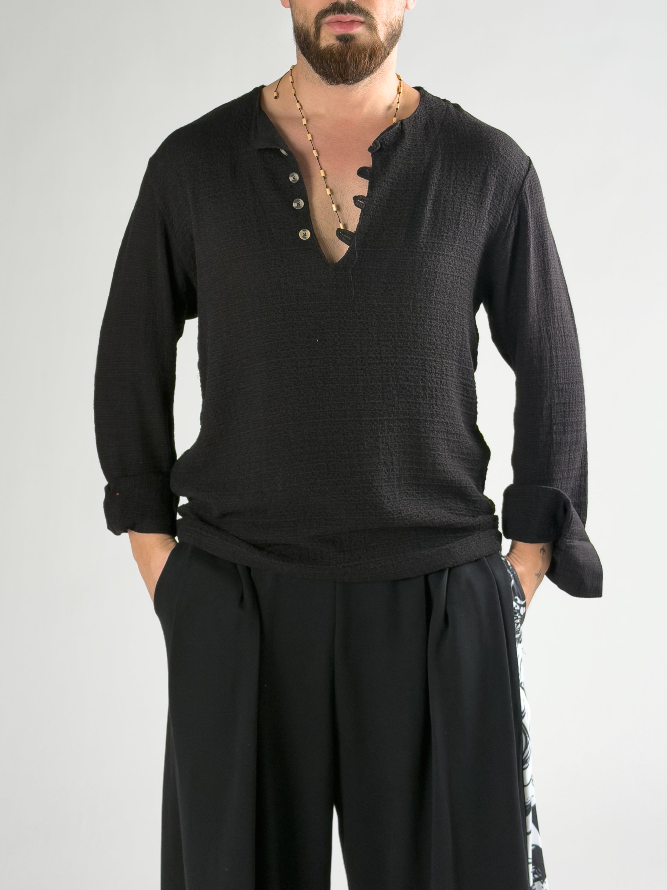 Tasarım Siyah Düğme Detaylı Erkek T-Shirt COC2957