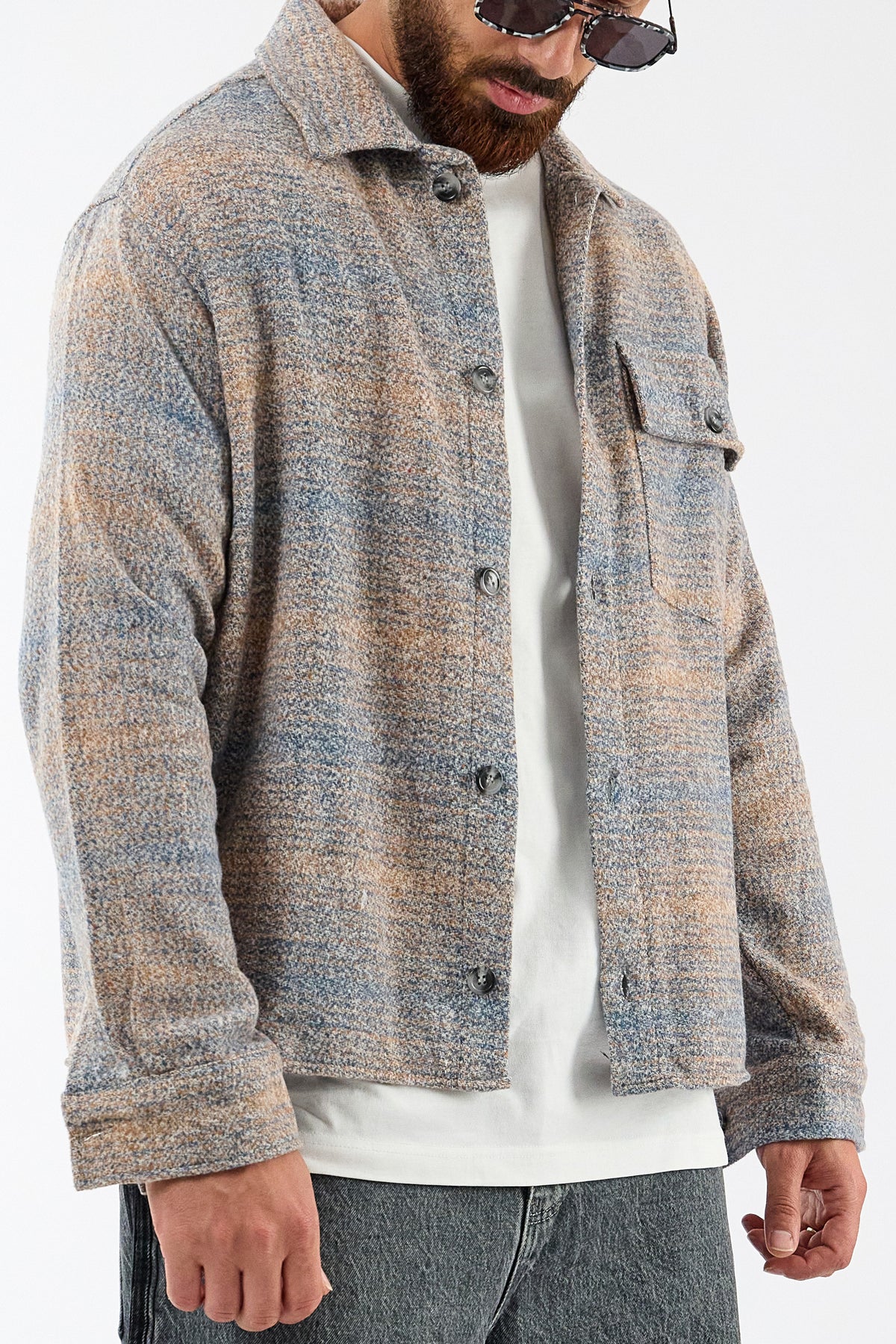 Toscana Pamuk Yün Dokulu Mavi Erkek Overshirt COC3735