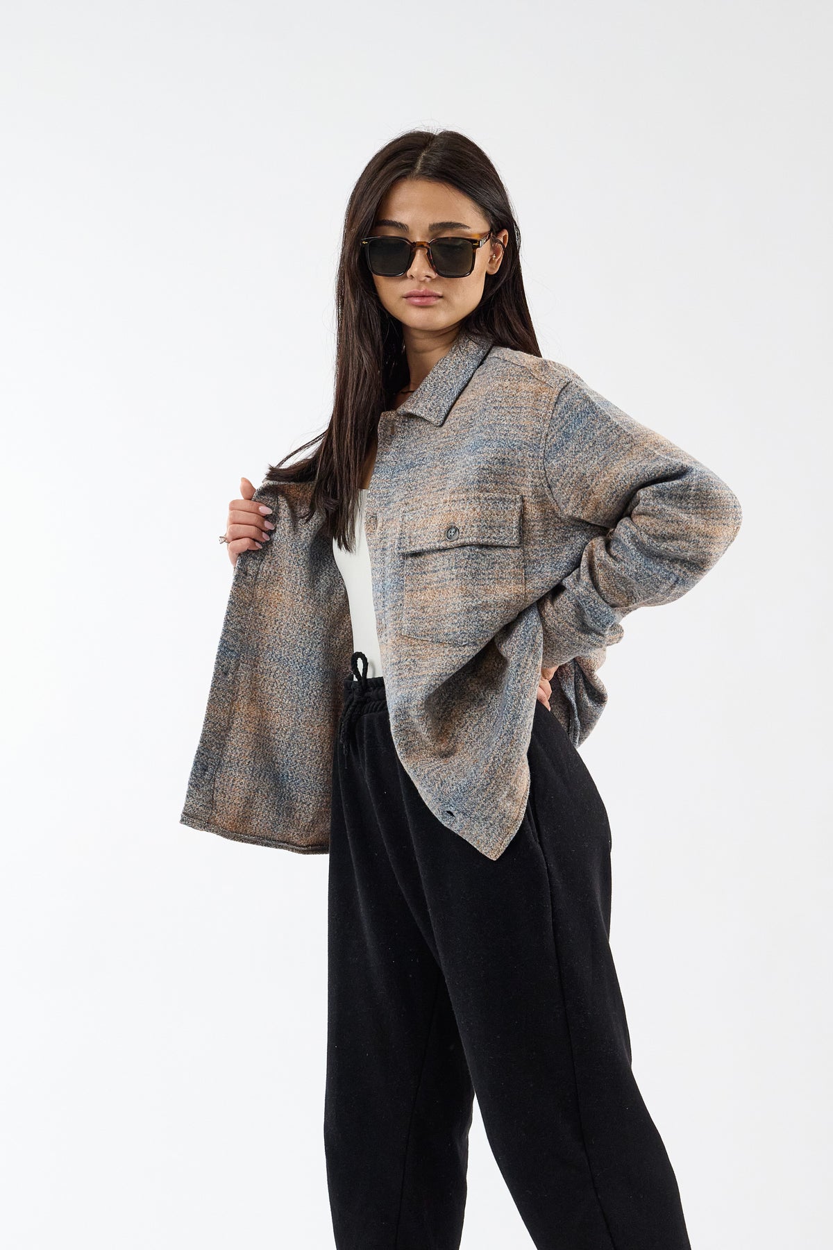 Toscana Pamuk Yün Dokulu Mavi Kadın Overshirt COC3736