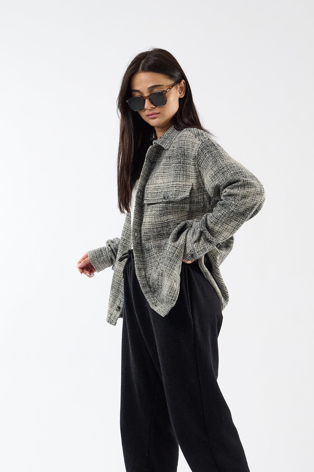 Toscana Pamuk Yün Dokulu Siyah Kadın Overshirt COC3738