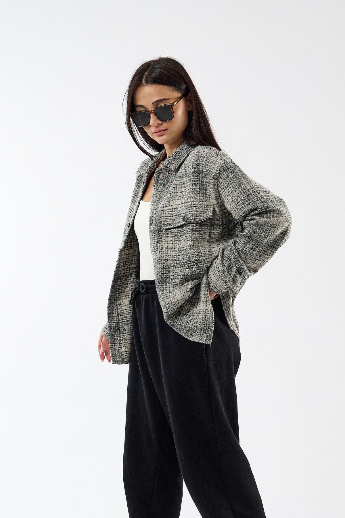 Toscana Pamuk Yün Dokulu Siyah Kadın Overshirt COC3738