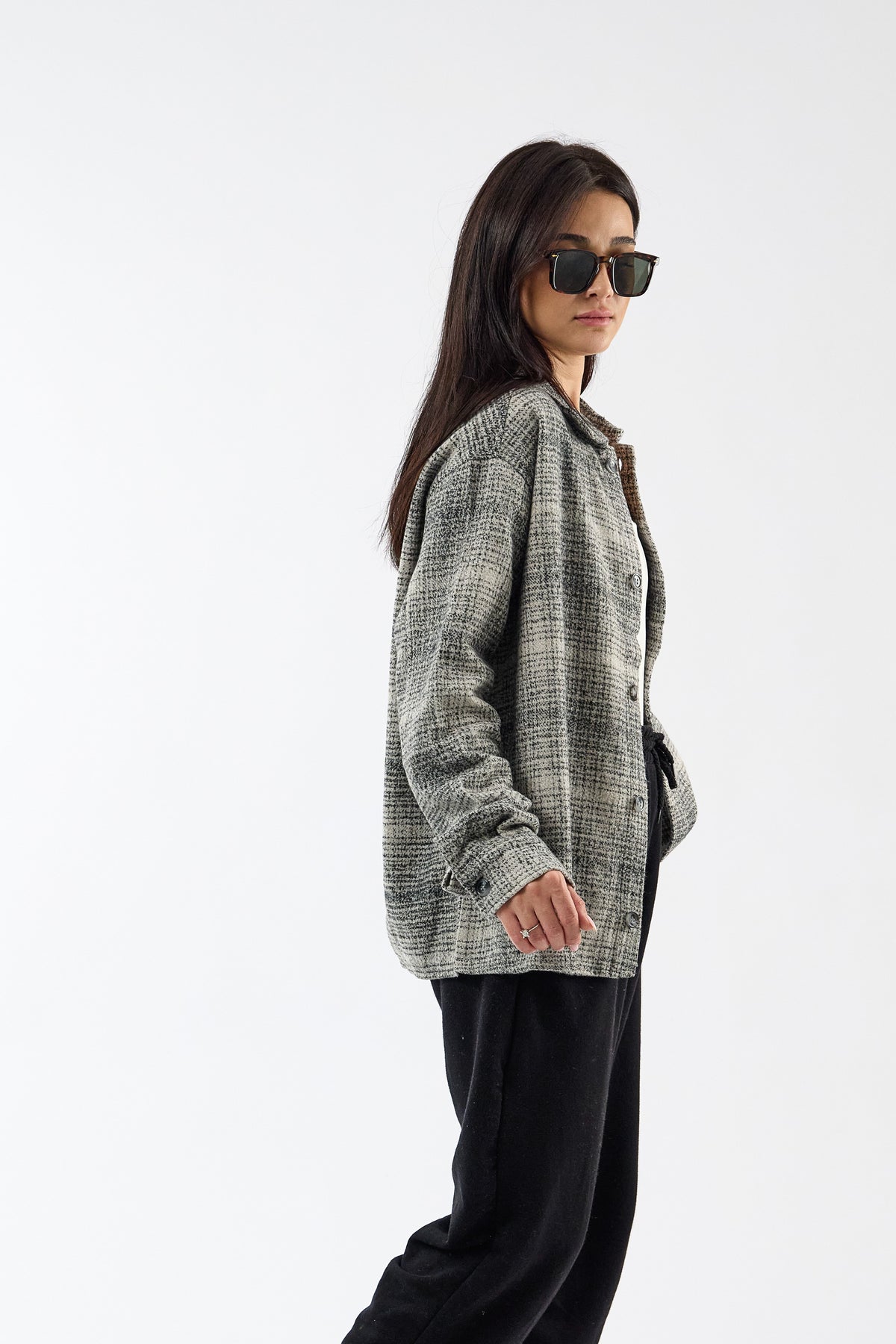 Toscana Pamuk Yün Dokulu Siyah Kadın Overshirt COC3738
