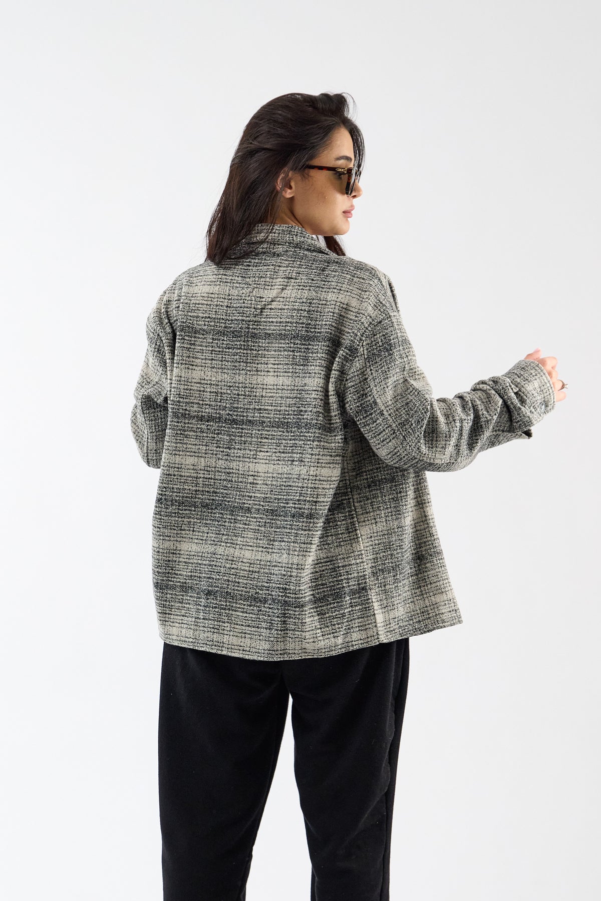 Toscana Pamuk Yün Dokulu Siyah Kadın Overshirt COC3738