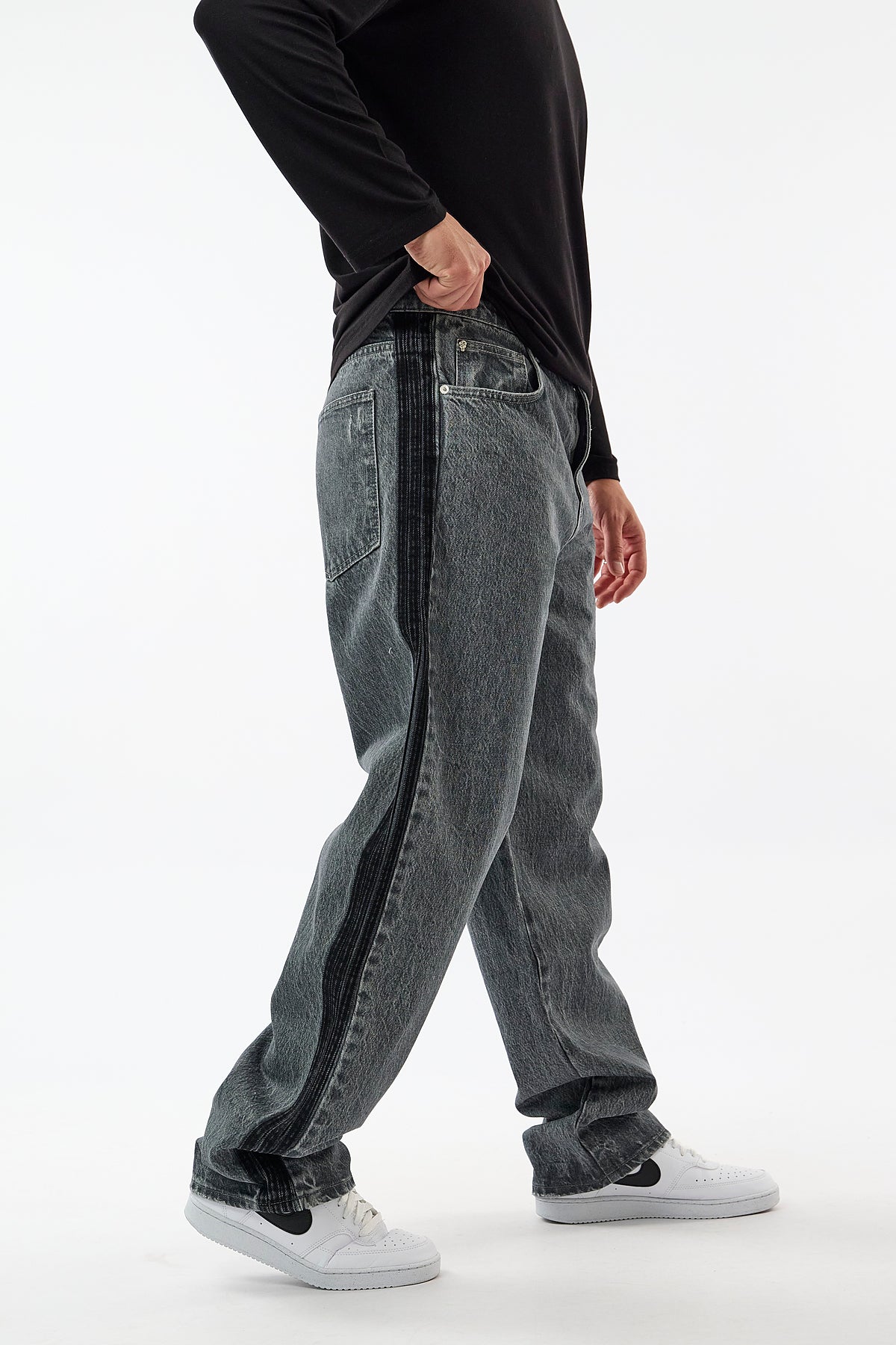 Yan Şerit Detaylı Gri Baggy Jean Erkek Pantolon COC3658