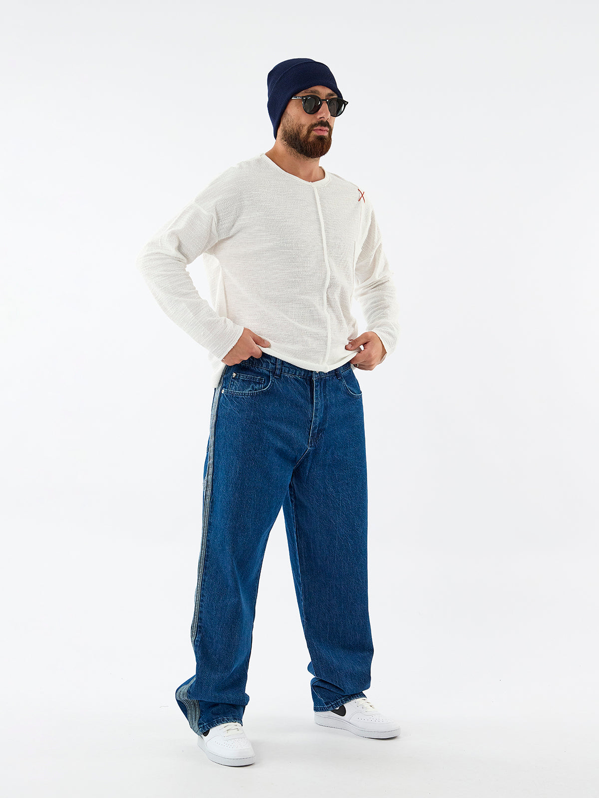 Yan Şerit Detaylı Mavi Erkek Baggy Jean Pantolon COC3601