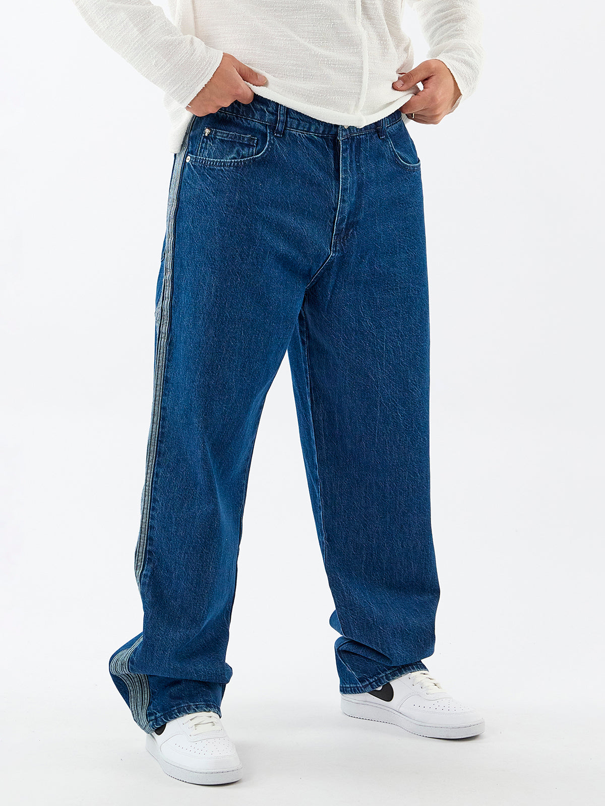 Yan Şerit Detaylı Mavi Erkek Baggy Jean Pantolon COC3601