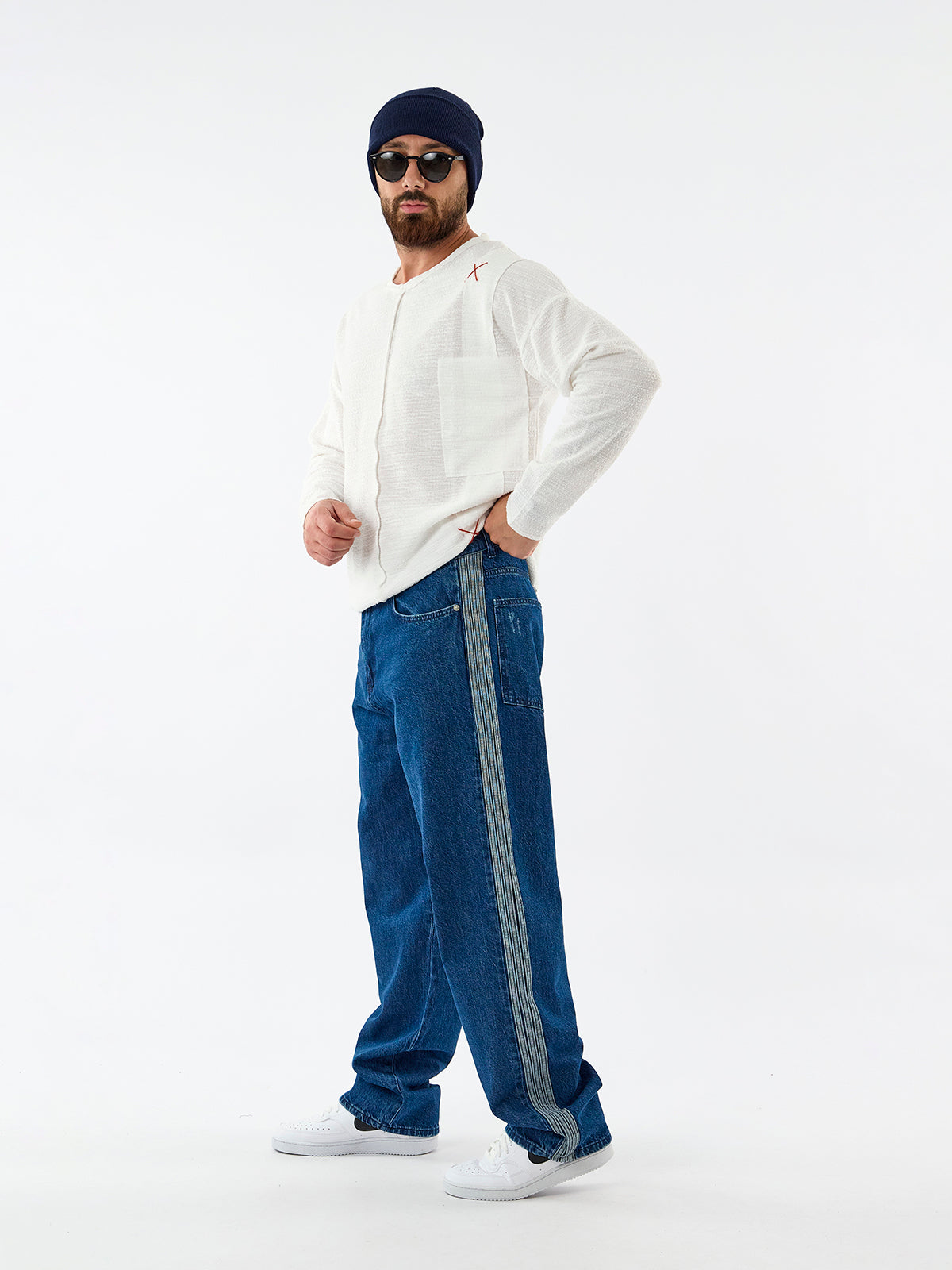 Yan Şerit Detaylı Mavi Erkek Baggy Jean Pantolon COC3601