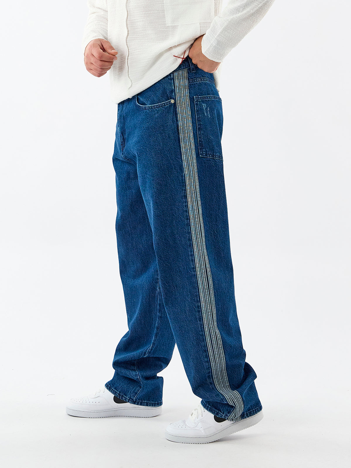 Yan Şerit Detaylı Mavi Erkek Baggy Jean Pantolon COC3601