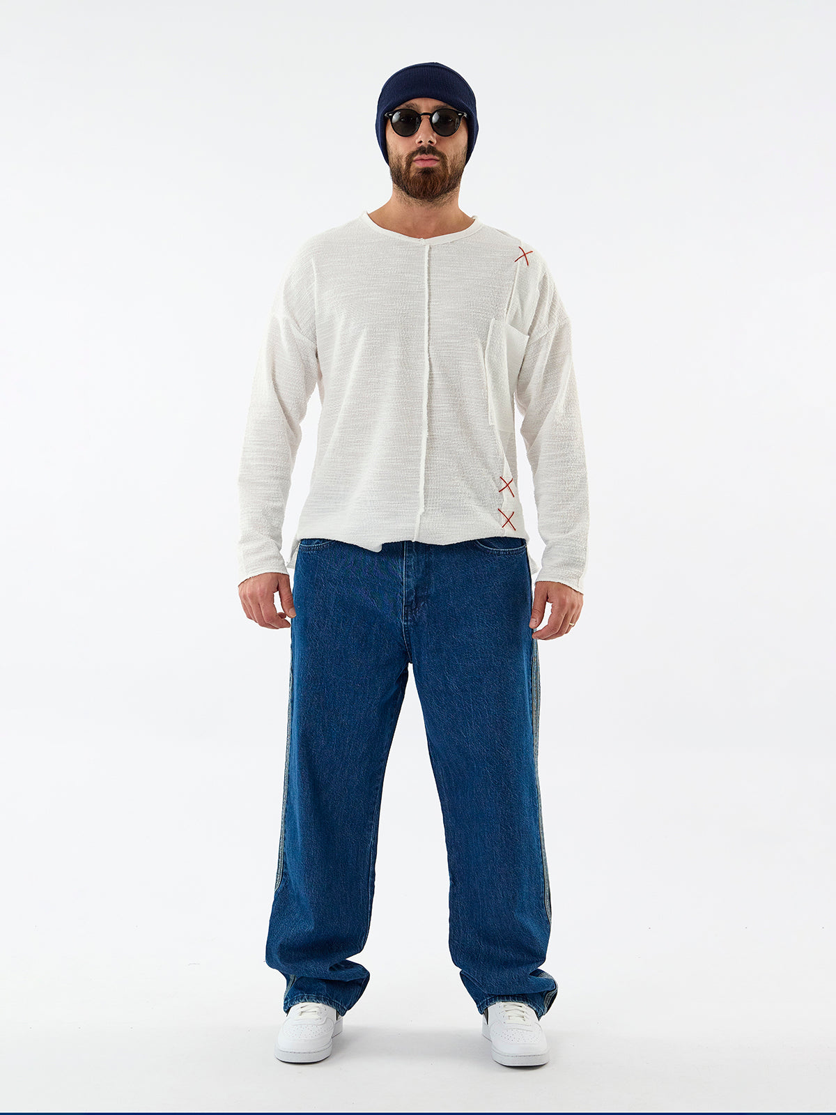 Yan Şerit Detaylı Mavi Erkek Baggy Jean Pantolon COC3601