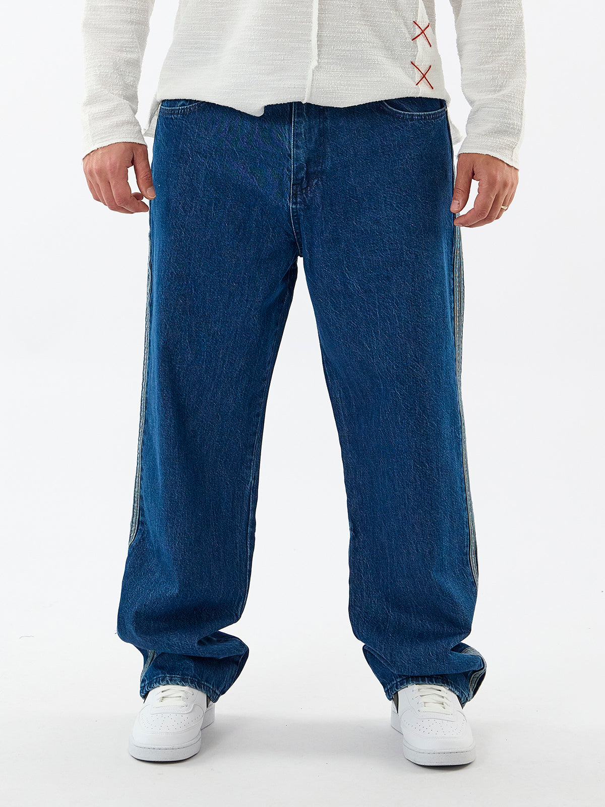 Yan Şerit Detaylı Mavi Erkek Baggy Jean Pantolon COC3601
