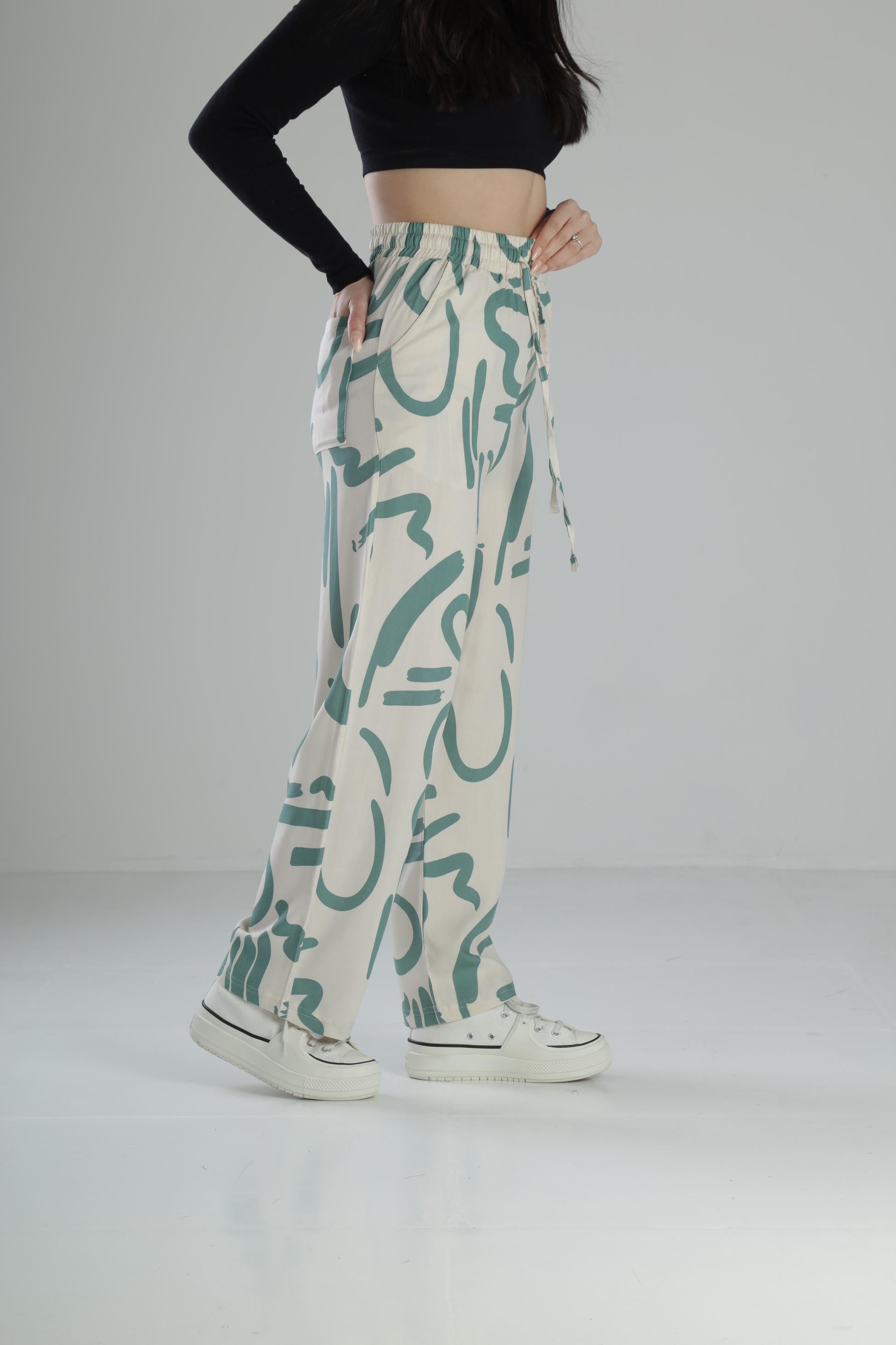 Yeşil Etnik Desenli Baggy Pantolon COC1848