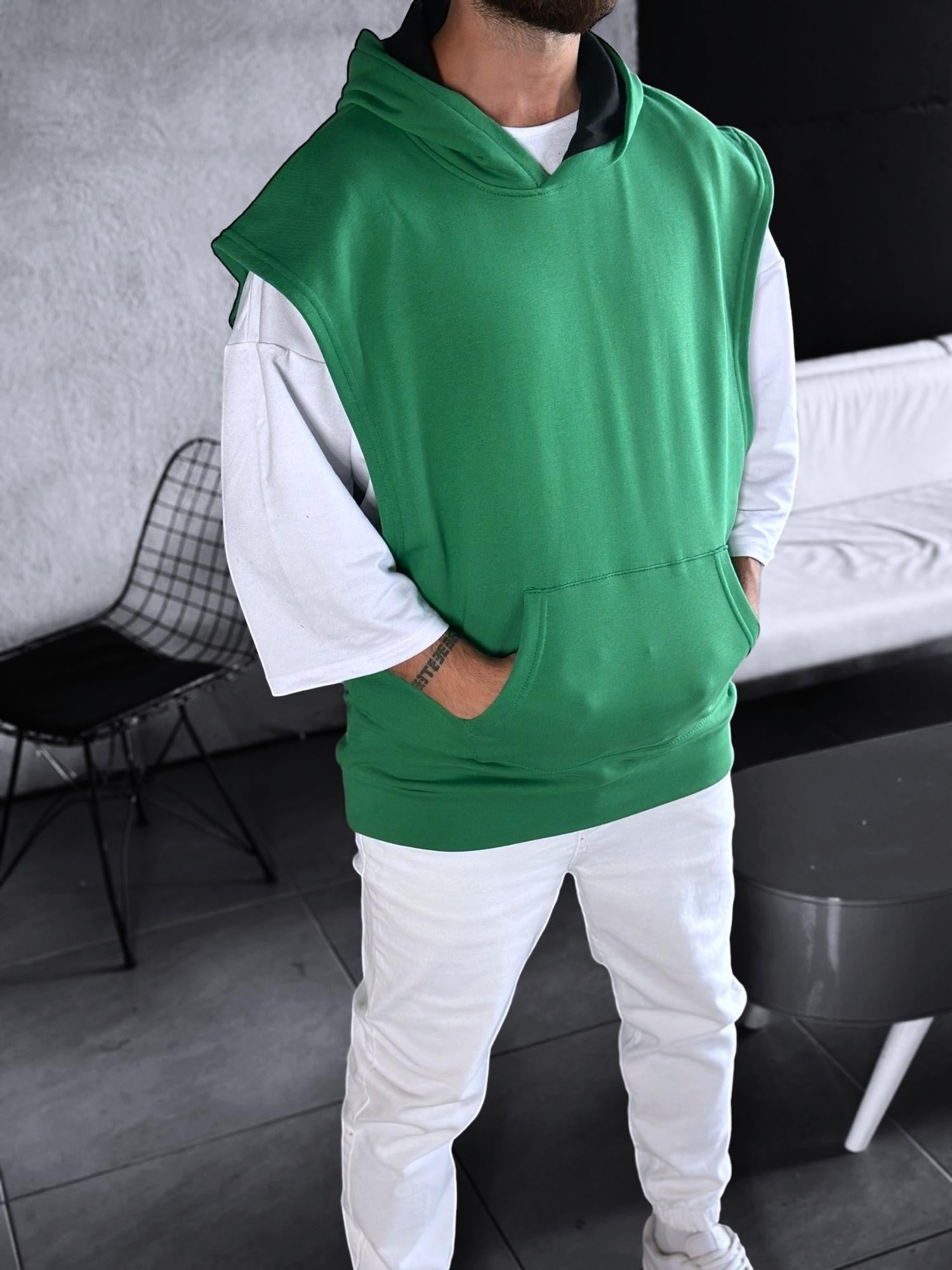 Yeşil Kapüşonlu Sıfır Kol Hoodie COC1850
