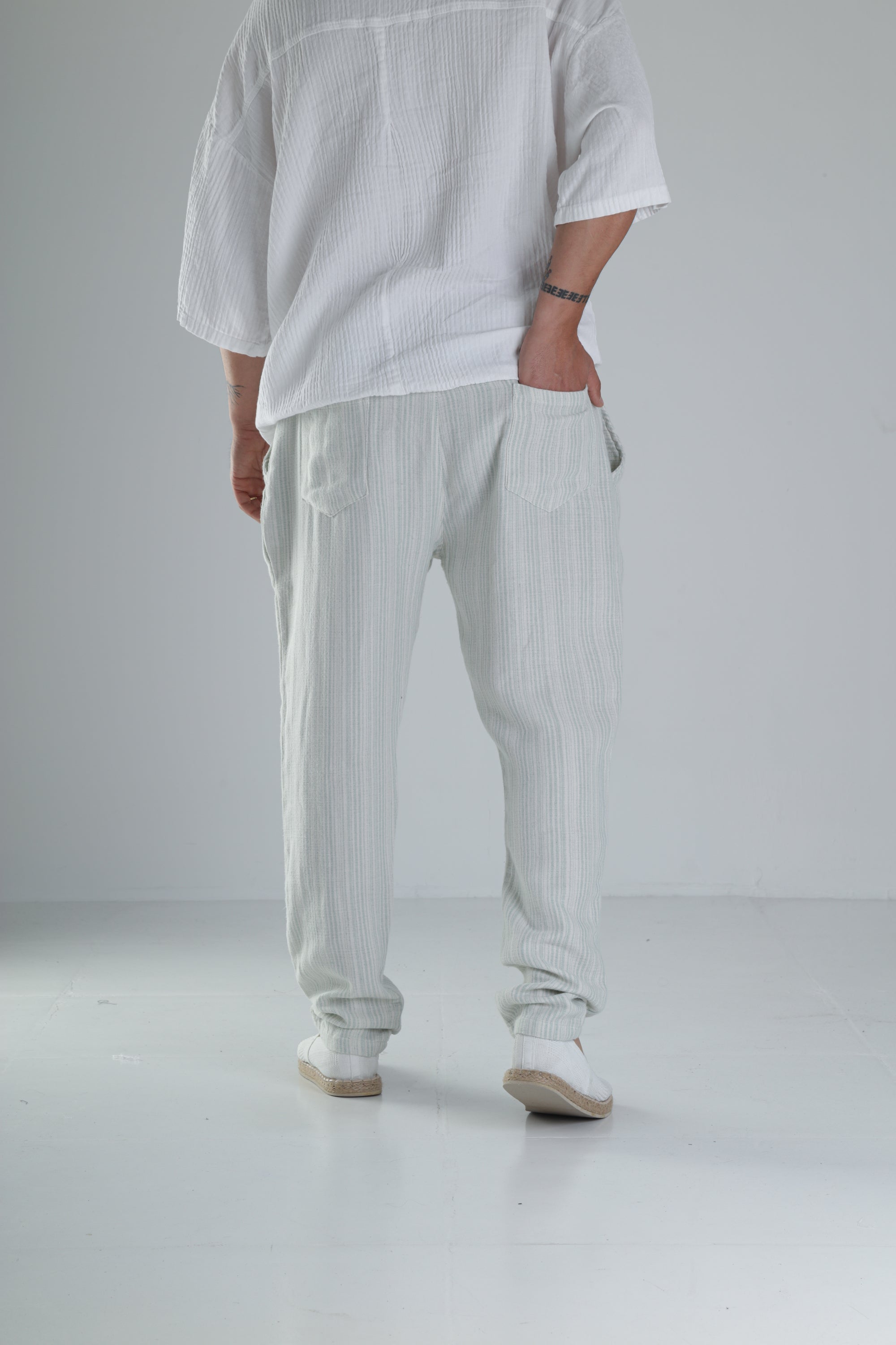 Yeşil Çizgili Müslin Keten Baggy Pantolon COC1367