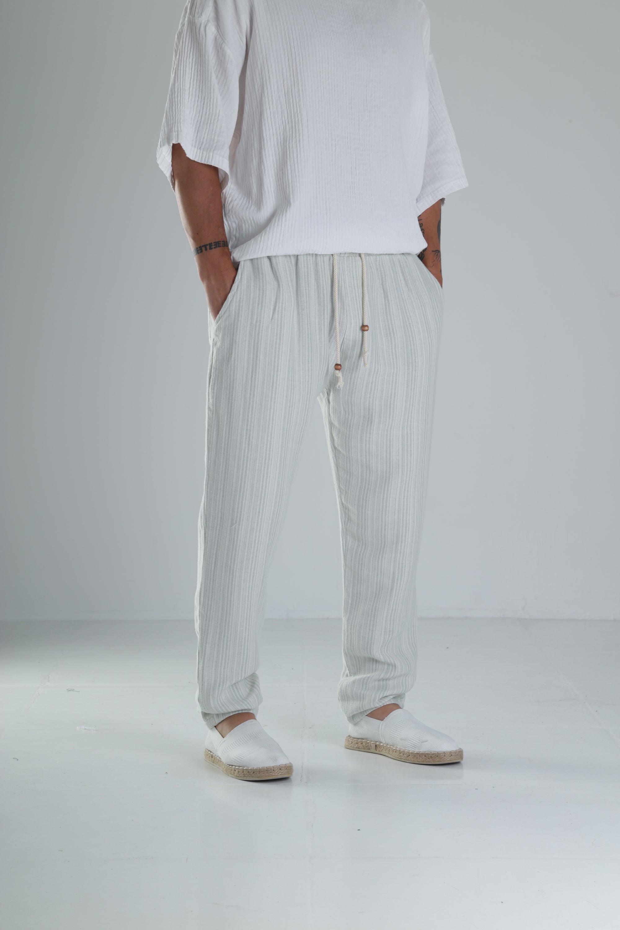 Yeşil Çizgili Müslin Keten Baggy Pantolon COC1367