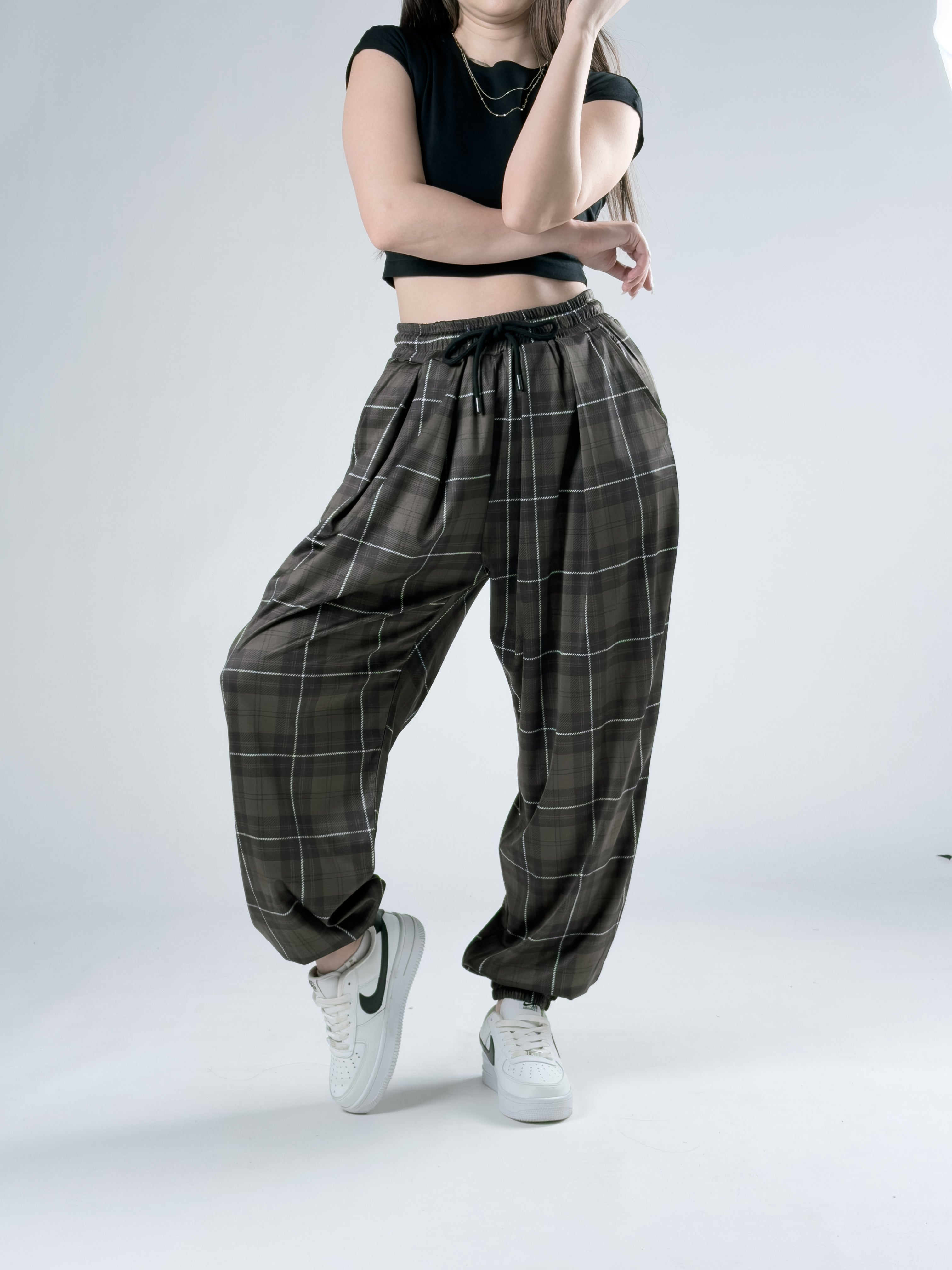 Yeşil Ekose Pileli Kadın Jogger Pantolon COC3065