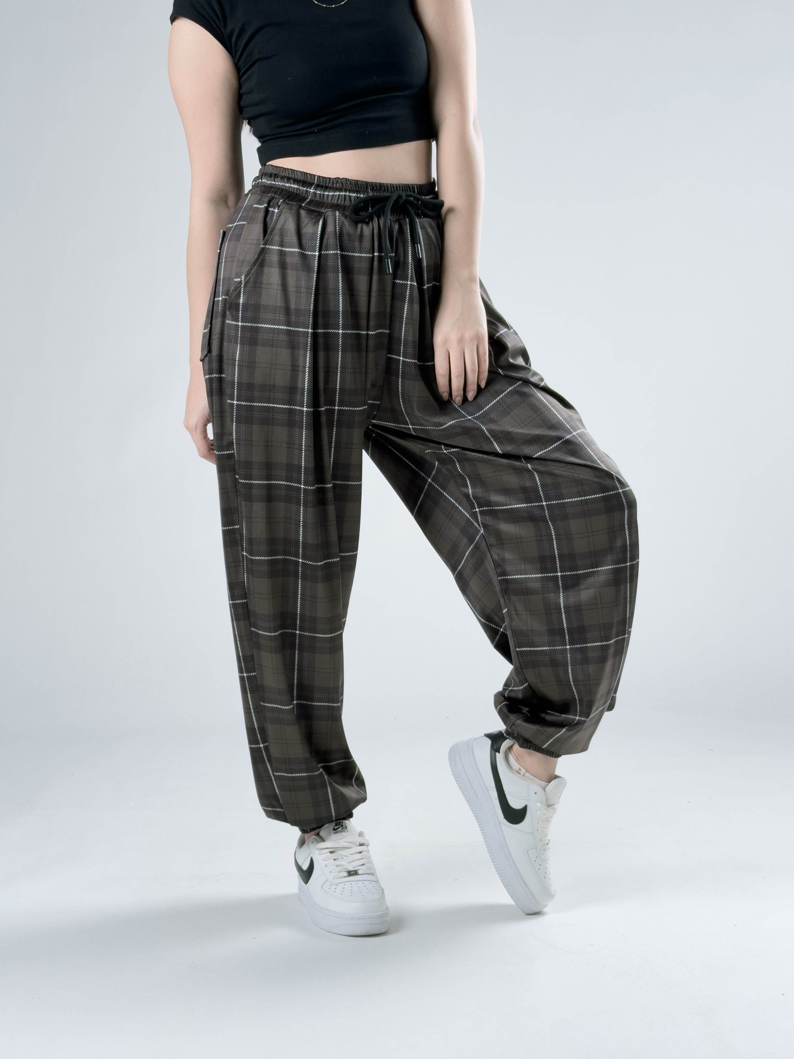 Yeşil Ekose Pileli Kadın Jogger Pantolon COC3065