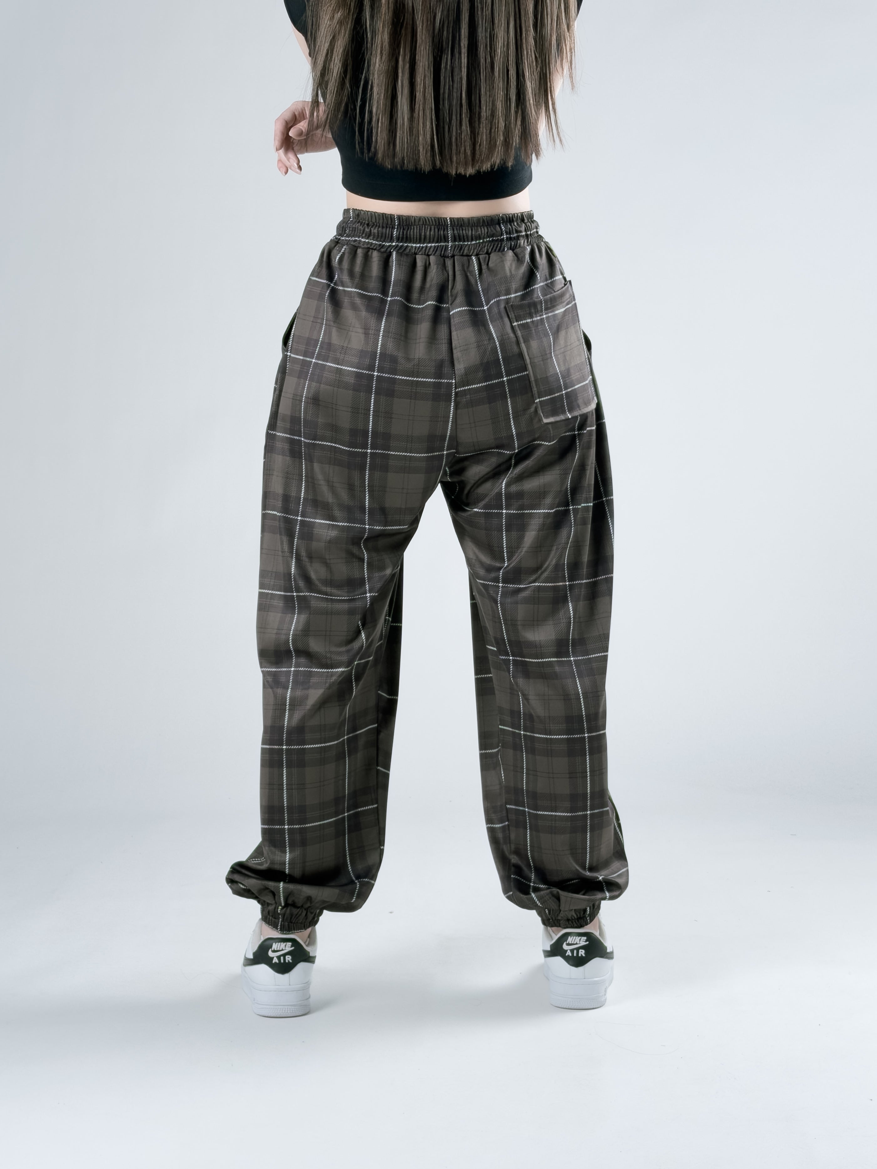 Yeşil Ekose Pileli Kadın Jogger Pantolon COC3065